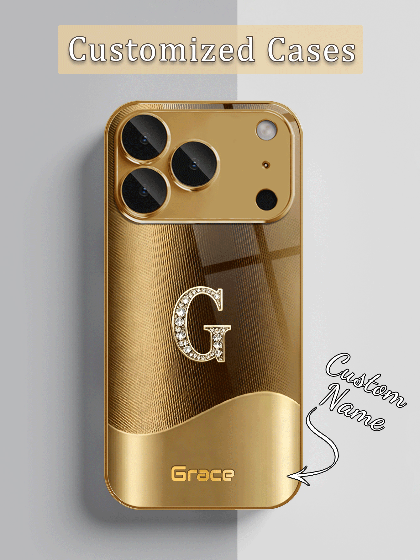 1pc DIY Customized Name Phone Case, Luxury Electroplated Gold Edge Rhinestone Letter Print Pattern Phone Case, High-Definition Electroplated Gold Glass, Compatible With Apple 17ProMax/16 Pro Max/15/14 Plus/13 Pro/12 Pro Max/11/XsMax/8/7/6Plus Phone Accessories, Fashion, Colorful, Cute, Interesting, Minimalist, Matching Phone Case - Gold - View 2