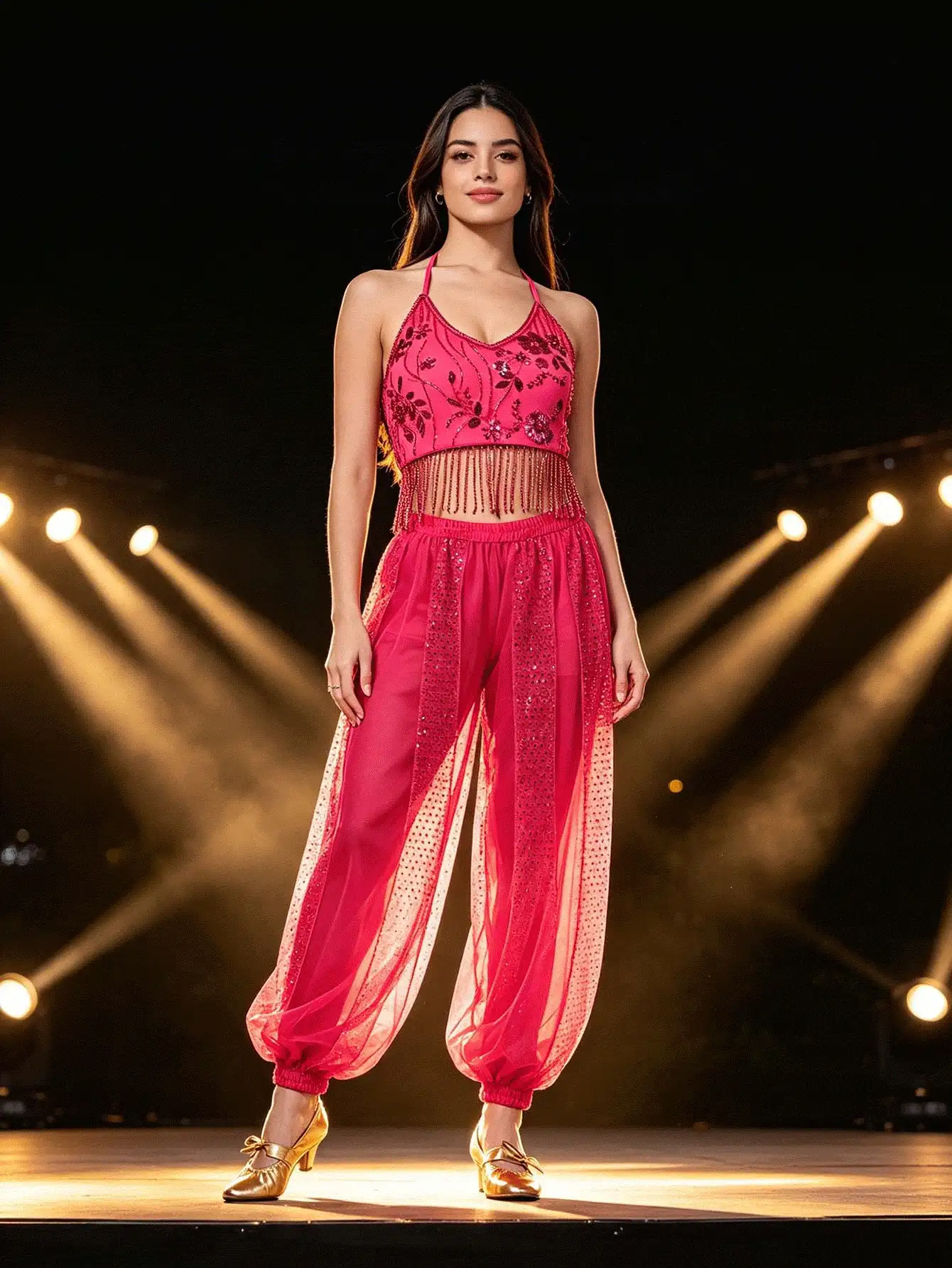 Bohemian Floral Rhinestone Fringe Halter Crop Top With Sparkly Sheer Mesh Harem Pants For Carnival Parades, Desert Festivals & Vacation Shooting (Available In Multiple Colors) - Multicolor - View 2
