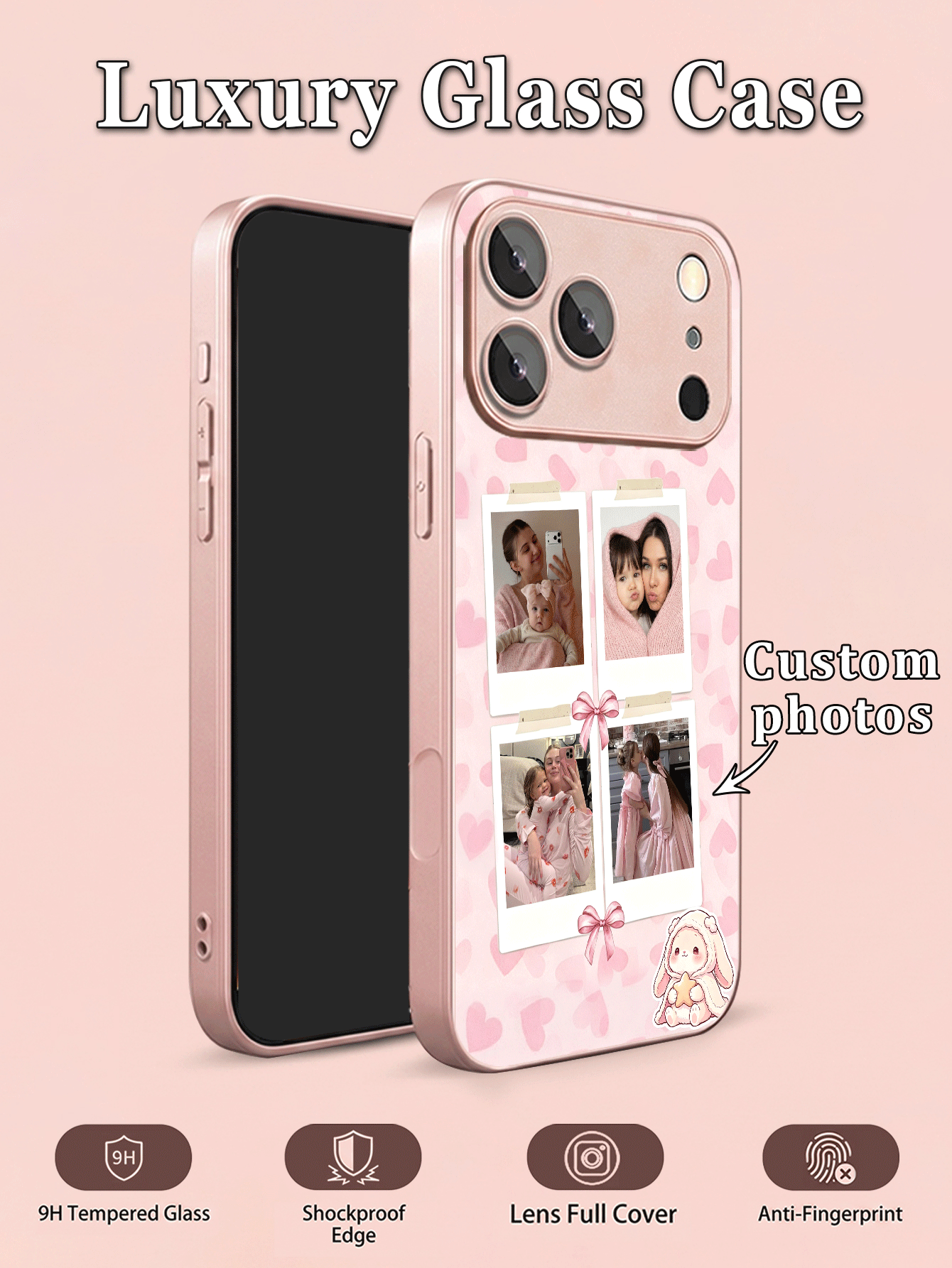 1pc DIY Customized Photo Phone Case, Pink Heart Background With Rabbit Pattern, Tempered Glass Back + TPU Soft Edge Material, Compatible With Samsung S26ULTRA/S25ULTRA/S24 Series And Apple Duo/18ProMax/17ProMax/16Pro/15/14Plus/13Pro/12ProMax/11/XsMax/8/7/6Plus Phone Accessories, Apple Full Lens Anti-Scratch Protective Case, Can Be Used As Birthday Gift, For Girlfriend, Boyfriend Or Yourself - Pink - View 2