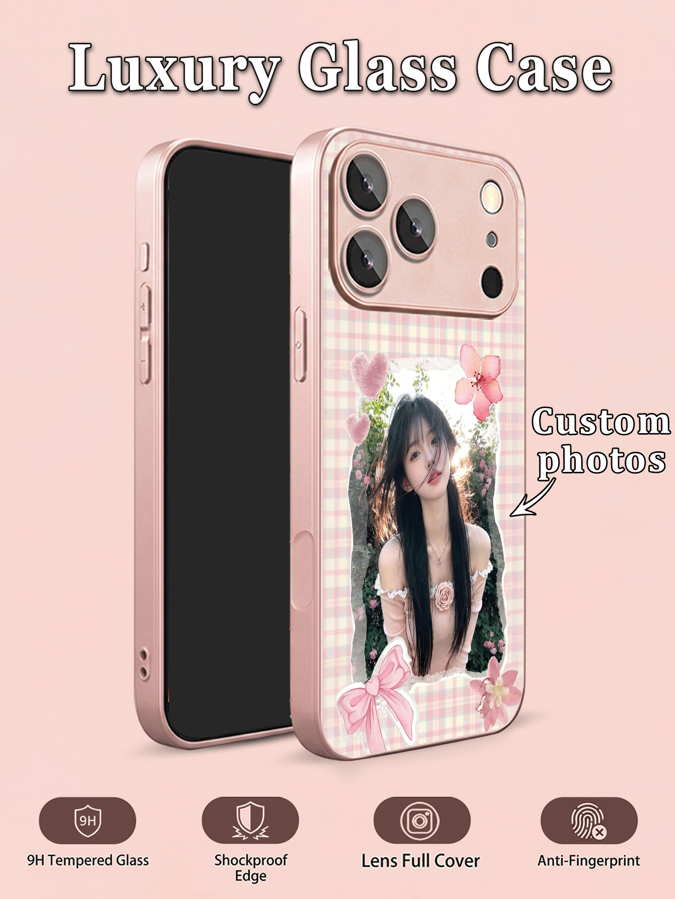 1pc DIY Customized Photo Phone Case, Pink Tone Plaid Torn Paper Floral Bow Pattern, Back Tempered Glass + TPU Soft Edge Material, Compatible With Samsung S26ULTRA/S25ULTRA/S24 Series And Apple Duo/18ProMax/17ProMax/16Pro/15/14Plus/13Pro/12ProMax/11/XsMax/8/7/6Plus Phone Accessories, Apple Full Lens Scratch-Resistant Protective Cover, Can Be Used As Birthday Gift, For Girlfriend, Boyfriend Or Yourself - Pink - View 2