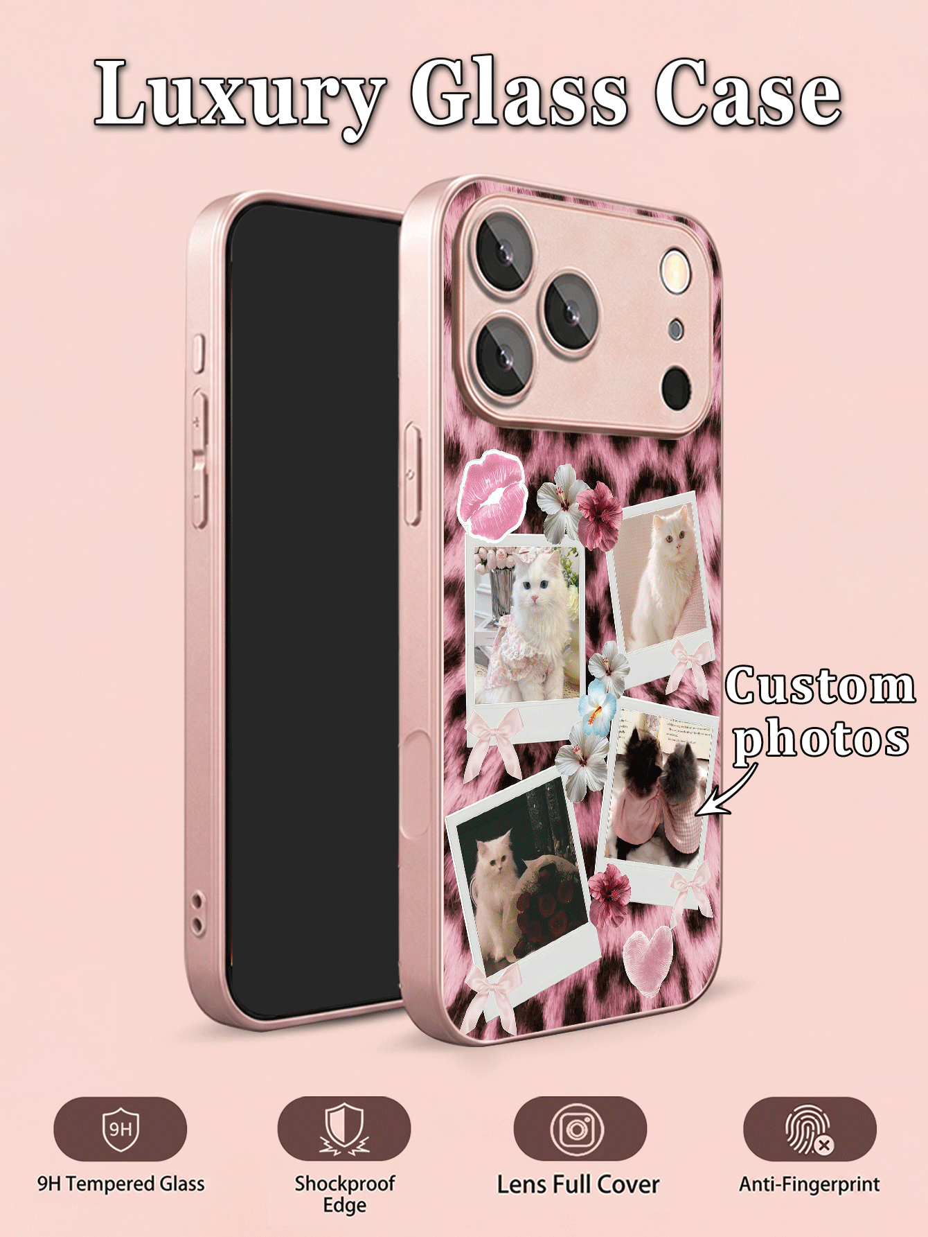1pc DIY Customized Photo Phone Case, Pink Leopard Print & Floral Pattern, Tempered Glass Back + TPU Soft Edge Material, Compatible With Samsung S26ULTRA/S25ULTRA/S24 Series And Apple Duo/18ProMax/17ProMax/16Pro/15/14Plus/13Pro/12ProMax/11/XsMax/8/7/6Plus Phone Accessories, Full Camera Lens Anti-Scratch Protection Cover, Suitable As Birthday Gift For Girlfriend, Boyfriend Or Yourself - Pink - View 2