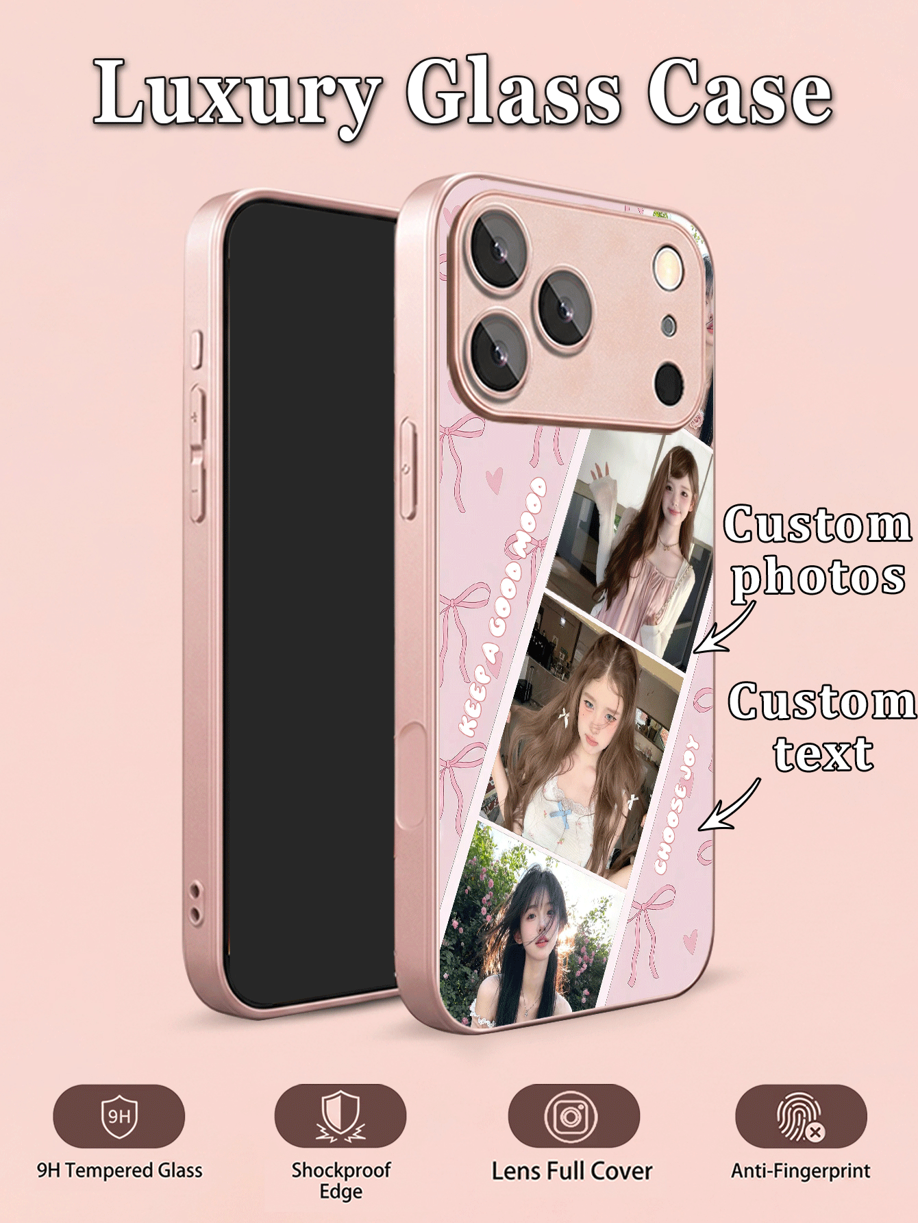 1pc DIY Customized Text Name & Photo Phone Case, Pink Tone Vertical 3-Grid Photo Ribbon Heart Pattern, Back Tempered Glass + TPU Soft Edge Material, Compatible With Samsung S26ULTRA/S25ULTRA/S24 Series And Apple Duo/18ProMax/17ProMax/16Pro/15/14Plus/13Pro/12ProMax/11/XsMax/8/7/6Plus Phone Accessories, Apple Full Camera Lens Anti-Scratch Protective Cover, Can Be Used As Birthday Gift, For Girlfriend, Boyfriend Or Yourself - Pink - View 2