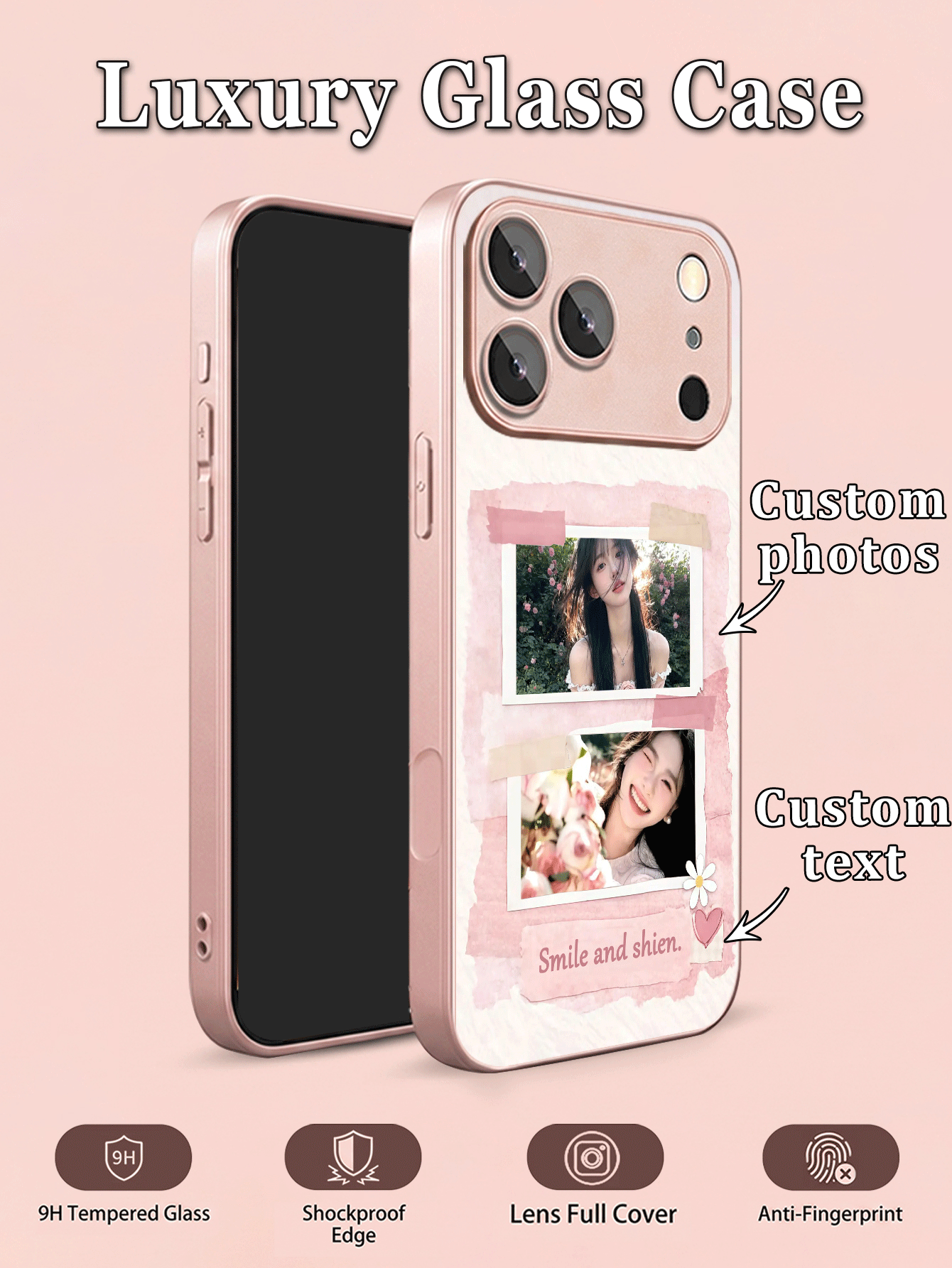 1pc DIY Name & Customized Photo Phone Case, Pink Tone Washi Tape Floral Heart Pattern, Tempered Glass Back + TPU Soft Edge Material, Compatible With Samsung S26ULTRA/S25ULTRA/S24 Series And Apple Duo/18ProMax/17ProMax/16Pro/15/14Plus/13Pro/12ProMax/11/XsMax/8/7/6Plus Phone Accessories, Apple Full Camera Lens Anti-Scratch Protective Cover, Can Be Used As Birthday Gift, For Girlfriend, Boyfriend Or Yourself - Pink - View 2