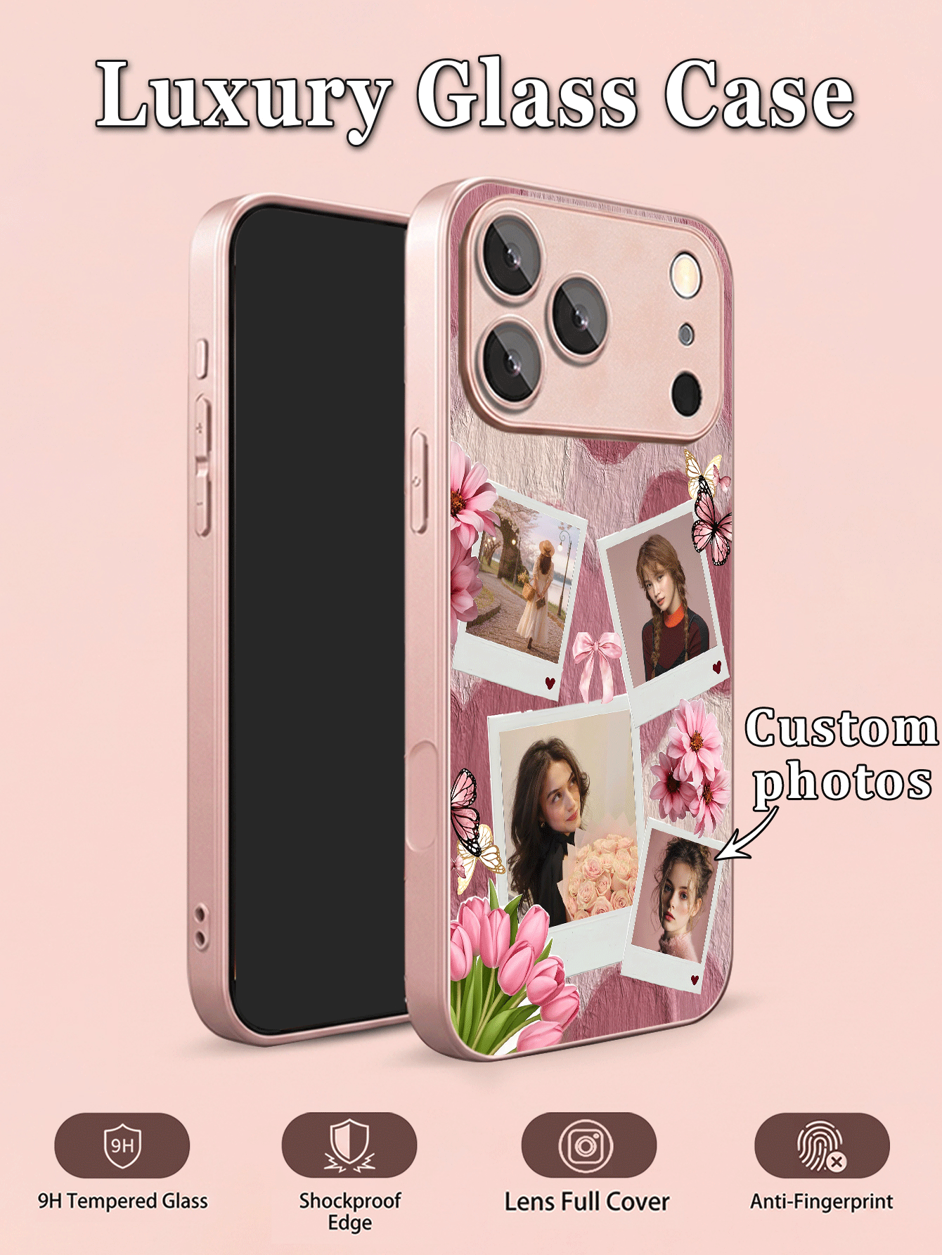 1pc DIY Customized Photo Phone Case, Pink Tulip Butterfly Pattern, Back Tempered Glass + TPU Soft Edge Material, Compatible With Samsung S26ULTRA/S25ULTRA/S24 Series And Apple Duo/18ProMax/17ProMax/16Pro/15/14Plus/13Pro/12ProMax/11/XsMax/8/7/6Plus Phone Accessories, Apple Full Camera Lens Scratch-Resistant Protective Cover, Can Be Used As Birthday Gift, For Girlfriend, Boyfriend Or Yourself - Pink - View 2