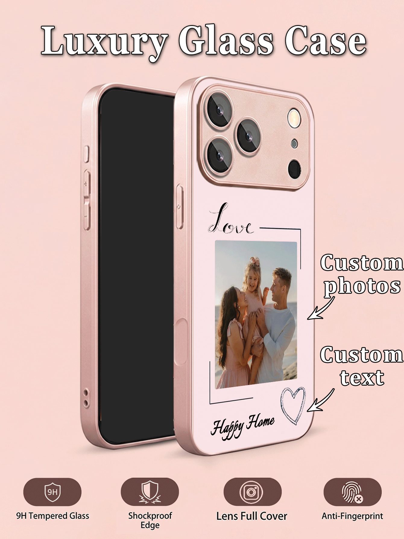1pc DIY Customized Name & Photo Phone Case, Pink Tone Minimalist Line Heart Pattern, Back Tempered Glass + TPU Soft Edge Material, Compatible With Samsung S26ULTRA/S25ULTRA/S24 Series And Apple Duo/18ProMax/17ProMax/16Pro/15/14Plus/13Pro/12ProMax/11/XsMax/8/7/6Plus Phone Accessories, Apple Full Lens Scratch-Resistant Protective Case, Can Be Used As Birthday Gift, For Girlfriend, Boyfriend Or Yourself - Pink - View 2