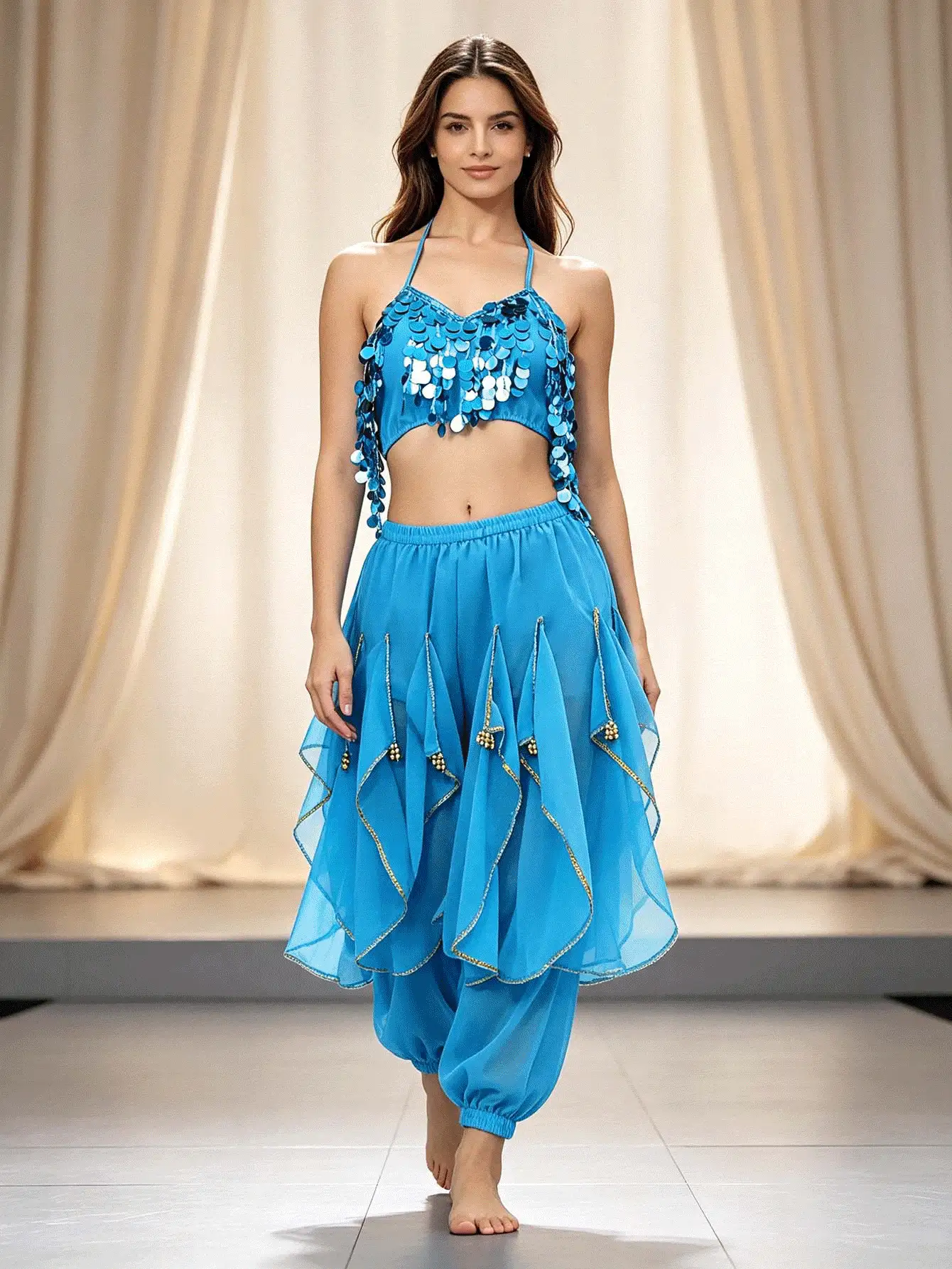 Crop Top Halter Berkilau dengan Payet Bulat dan Celana Harem Jala Berlapisan Emas untuk Latihan Tari Perut & Pemotretan Video (Tersedia dalam Berbagai Warna) - MultiWarna - View 2