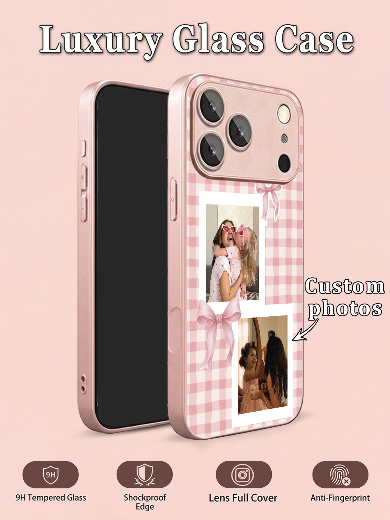1pc DIY Customized Photo Phone Case, Pink Plaid Bow Pattern, Tempered Glass Back + TPU Soft Edge Material, Compatible With Samsung S26ULTRA/S25ULTRA/S24 Series And Apple Duo/18ProMax/17ProMax/16Pro/15/14Plus/13Pro/12ProMax/11/XsMax/8/7/6Plus Phone Accessories, Apple Full Lens Scratch-Resistant Protective Case, Can Be Used As Birthday Gift, For Girlfriend, Boyfriend Or Yourself - Pink - View 2