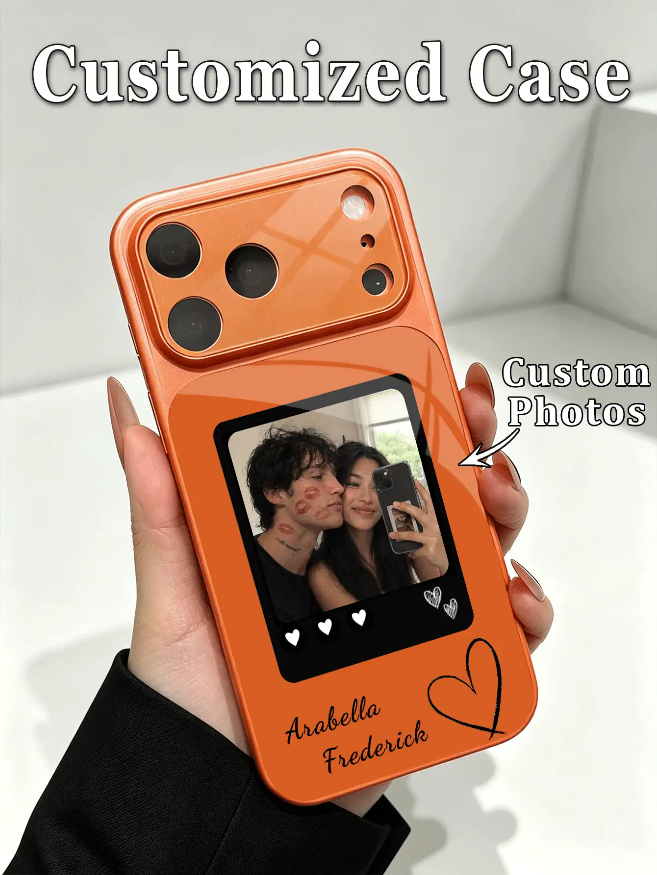 1pc DIY Customized Couple Photo & English Name Dual Custom Luxury Fashion Large Window Tempered Glass With Lens Protection Anti-Drop Phone Case Compatible With Apple Duo/18ProMax/17ProMax/16Pro/15/14Plus/13Pro/12ProMax/11 Phone Accessories Full Coverage Premium Protective Cover - Orange - View 2