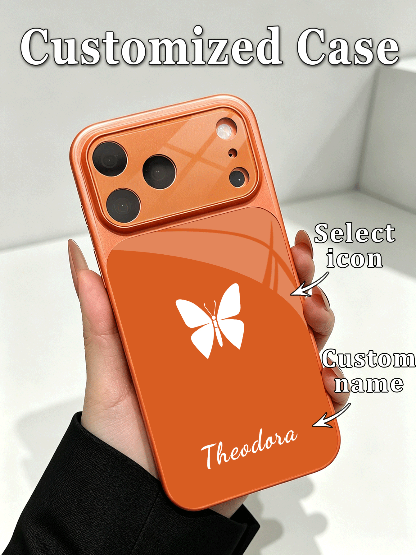 1pc Customized Name Minimalist Double Ring Pattern Luxury Fashion Large Window Tempered Glass Lens Protection Matte Anti-Drop Phone Case Suitable For IPhone 17/17Pro/17ProMax/17Air/16/16Pro/16ProMax/16Plus/15/15Plus/15Pro/15ProMax/14/14Plus/14Pro/14ProMax/13/13Pro/13ProMax/12/11 Phone Accessories Full Coverage Premium Protective Cover - Orange - View 2