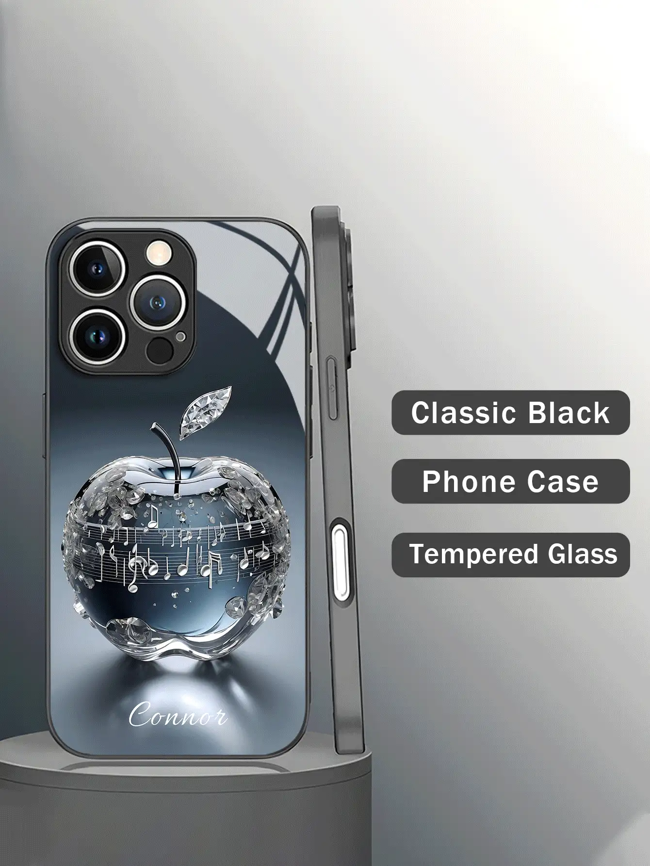 1pc Customizable Name, High-Definition Glass Phone Case With Apple Pattern, Suitable For Samsung S26 Ultra/S25 Ultra Series And Apple 17 Pro Max/17 Air/16 Pro Max/15/14 Plus/13 Pro Phone Accessories - Black - View 2