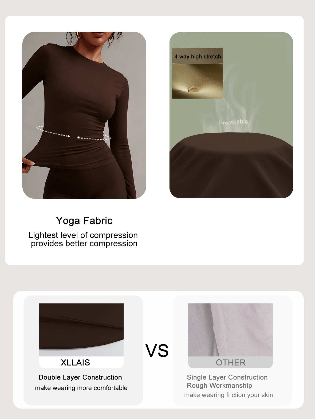 XLLAIS Women's Elastic Slim Fit Long Sleeve Coffee Color T-Shirt, Double Layer Fabric, Casual Nightclub Yoga Sports Wear, Autumn Winter Spring - Dark Brown - View 7