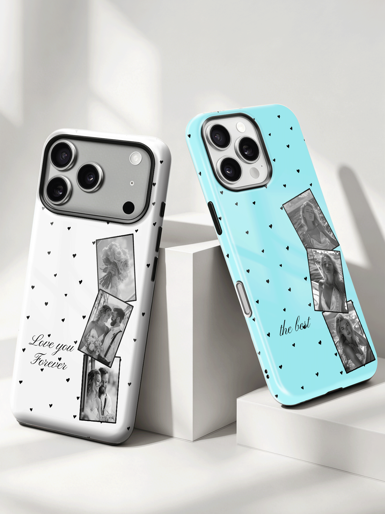 1pc Magnetic Shockproof Phone Case, Glossy Film 2-In-1 Full Coverage Design, Customized Heart 3-Photo Protective Case With Multiple Base Colors, Including Wedding, Couple, Daily Moments, Family, Pet, Vacation, Travel And Friends Photos. Back To School Gift, Compatible With IPhone 17 Pro Max/Air/17 Pro/17/16/15/14/13/12/11. - Multicolor - View 2