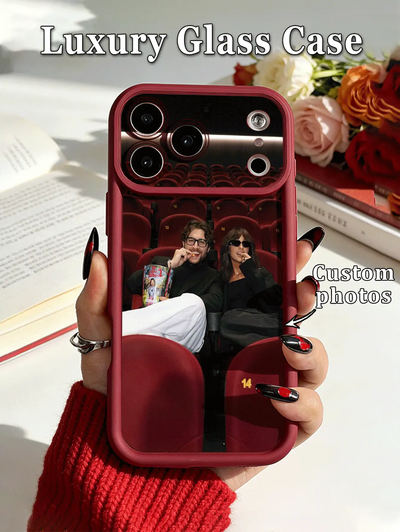 1pc DIY Customized Couple Family Photo TPU Thick Edge Anti-Drop Soft Phone Case Compatible With Apple Duo/18ProMax/17ProMax/16Pro/15/14Plus/13Pro/12ProMax/11/XsMax/8/7/6Plus Phone Accessories, Couple, Best Friend, Family, Valentine's Day, Anniversary, Birthday, Unique Personalized, Commemorative Gift. - Burgundy - View 2