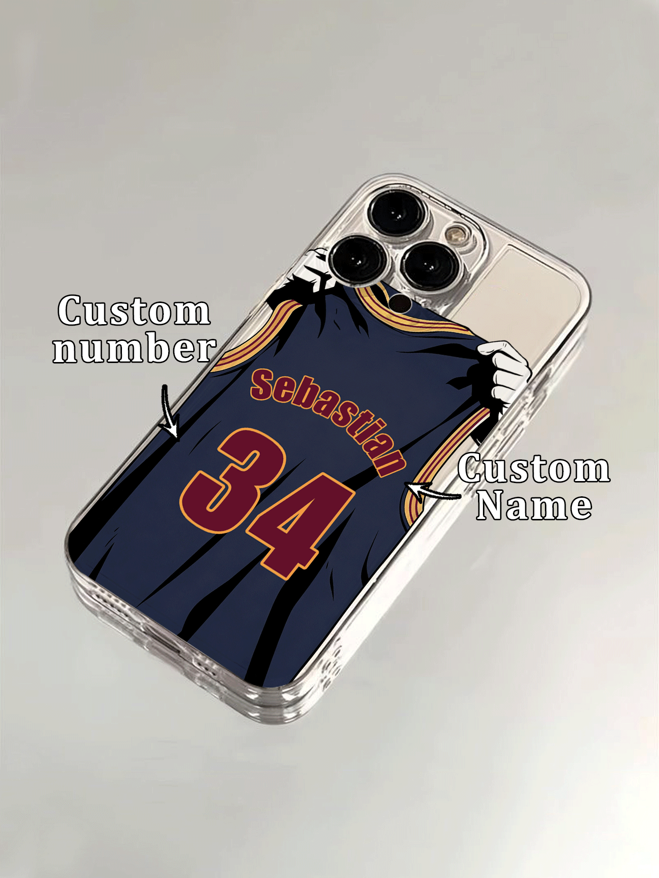 1pc DIY Navy Blue Jersey Name & Number Dual Customized Dual-Hand Pull Red & Black Striped Basketball Uniform Pattern Ultra-Thin Transparent TPU Phone Case Compatible With Apple 18ProMax/Duo/17ProMax/16Pro/15/14Plus/13Pro/12ProMax/11/XsMax/8/7/6Plus Phone Accessories - Clear - View 2