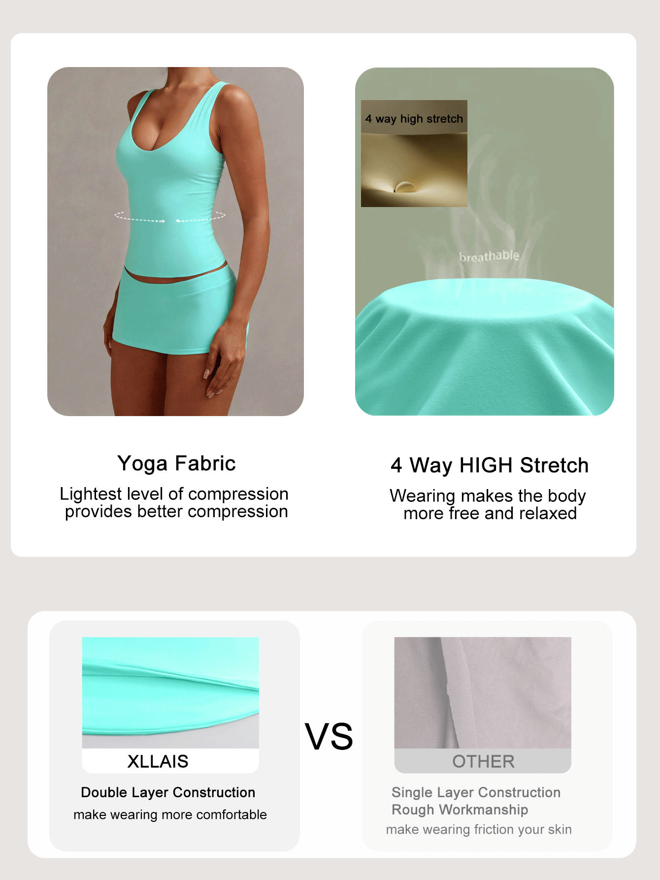 XLLAIS Summer U-Neck Sleeveless Tank Top, Casual Sports Double-Layer Yoga Fabric High Elasticity Fitness Green Top, All-Season Wear - Mint Blue - View 4