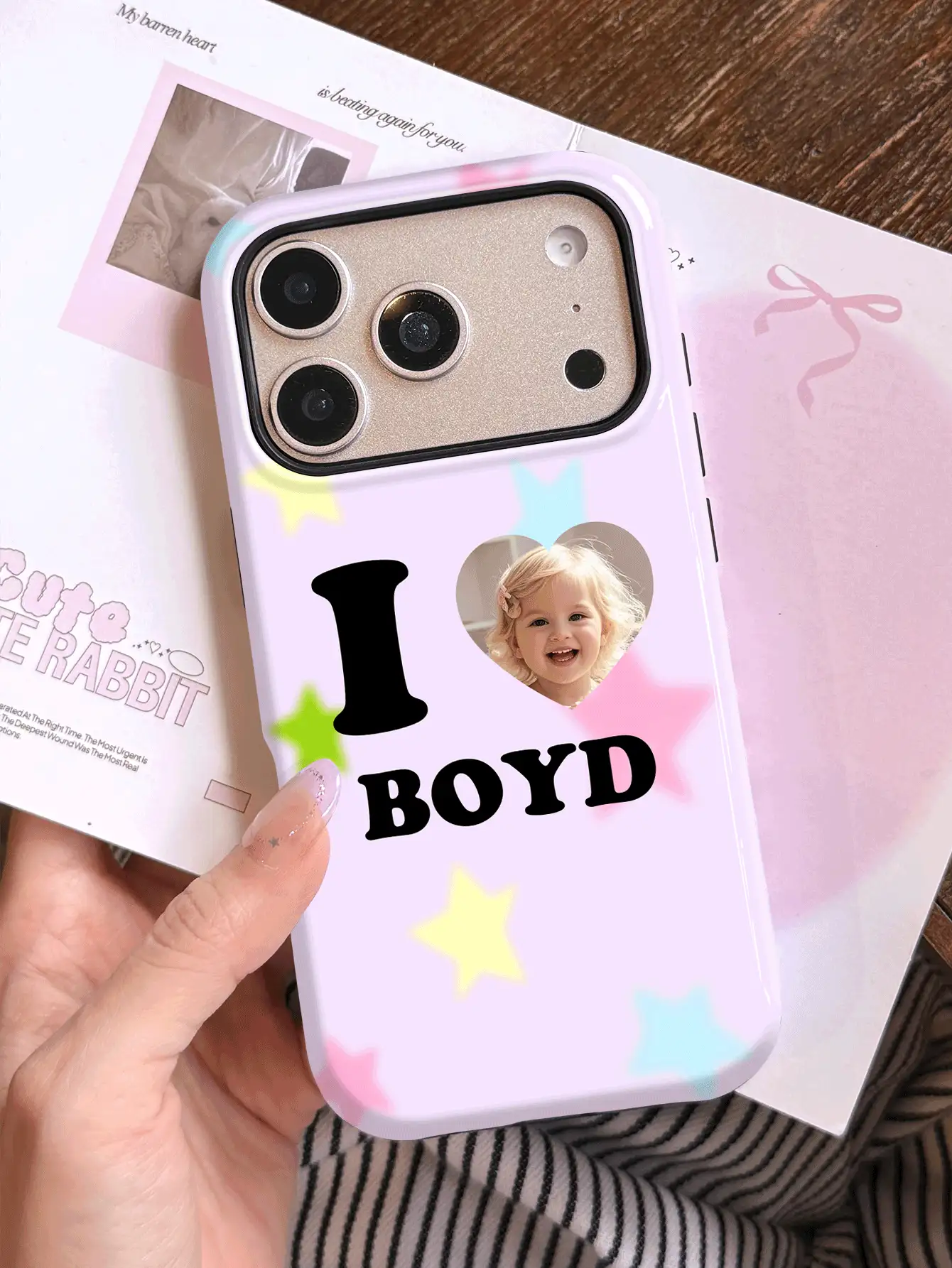 1pc Customized Commemorative Photo Name Minimalist Star Background Glossy Phone Case Personalized Signature Customization Anniversary Gift, Valentine's Day Gift, Birthday Gift, Wedding Gift, Mother's Day Gift, Father's Day Gift, Best Friend Gift, Gift For Mom/Dad, Gift For Boyfriend, Gift For Girlfriend 2-In-1 Glossy Film Full Coverage Hard Shell Phone Case Protective Cover Compatible With IPhone 11/12/13/14/15/16 17 Pro Max - Multicolor - View 2