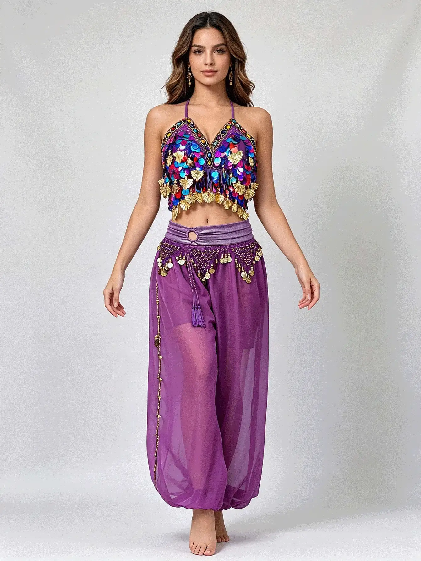V Neck Multicolor Sequin Coin Halter Dance Crop Top Coin Tassel Waist Belt Chiffon Loose Cuffed Harem Pants Exotic Stage Performance Dance Outfit - Multicolor - View 2