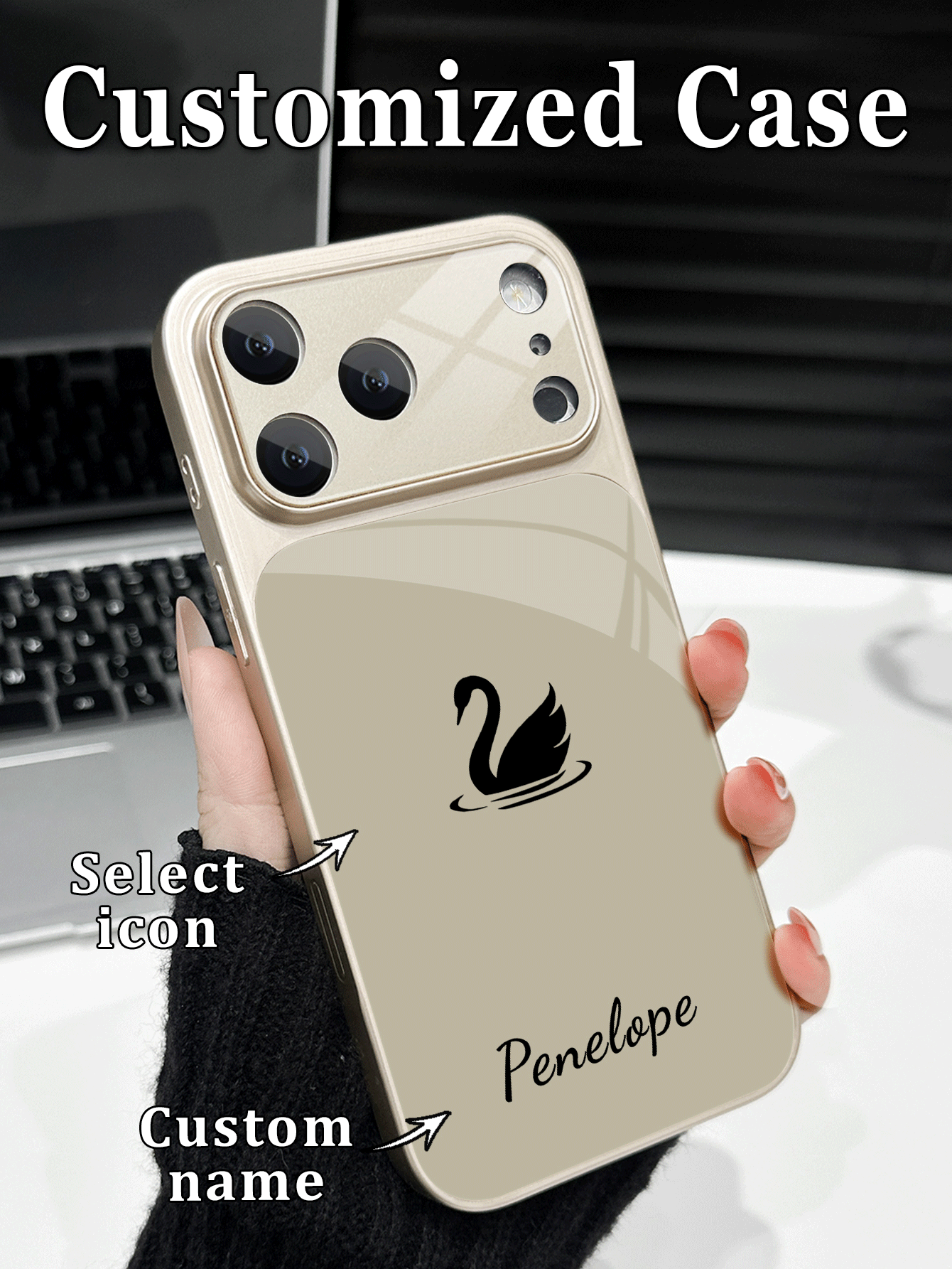 1pc Customized Name Minimalist Swan Pattern Luxury Fashion Large Window Tempered Glass With Lens Protection Matte Anti-Drop Phone Case Suitable For IPhone 17/17Pro/17ProMax/17Air/16/16Pro/16ProMax/16Plus/15/15Plus/15Pro/15ProMax/14/14Plus/14Pro/14ProMax/13/13Pro/13ProMax/12/11 Phone Accessories Full Coverage Premium Protective Cover - Rose Gold - View 2