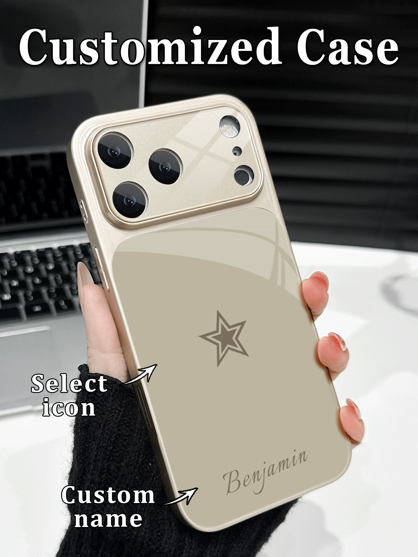 1pc Customized Name Minimalist Star Pattern Luxury Fashion Large View Tempered Glass With Lens Protection Matte Anti-Drop Phone Case Compatible With IPhone 17/17Pro/17ProMax/17Air/16/16Pro/16ProMax/16Plus/15/15Plus/15Pro/15ProMax/14/14Plus/14Pro/14ProMax/13/13Pro/13ProMax/12/11 Phone Accessories, Full Coverage High-End Protective Cover - Rose Gold - View 2