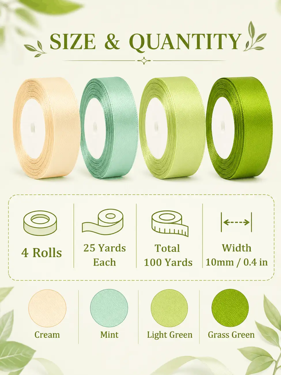 4 Rolls Sage Green Satin Ribbon, 25 Yards Per Roll, Total Length 100 Yards, Width 10mm. Ribbon Features Multiple Green Tones, Made Of Polyester Fiber, Suitable For Eid, Christmas Gift Wrapping, Wedding Decoration, DIY Crafts And More. - Green Series*4 Rolls - View 2
