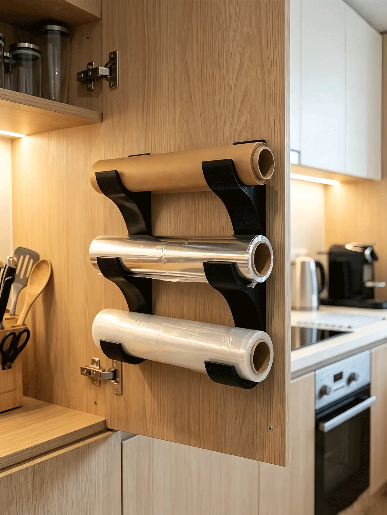 Wall-Mounted Holder For 3 Rolls Of Kitchen Paper/Cling Film/Aluminum Foil Storage Rack (Fits Rolls Up To 50mm Diameter) Space-Saving No-Drill Installation Creates A Tidy Kitchen Perfect For Cabinet Doors Room Decor Kitchen Decor Home Decor - Multicolor - View 2