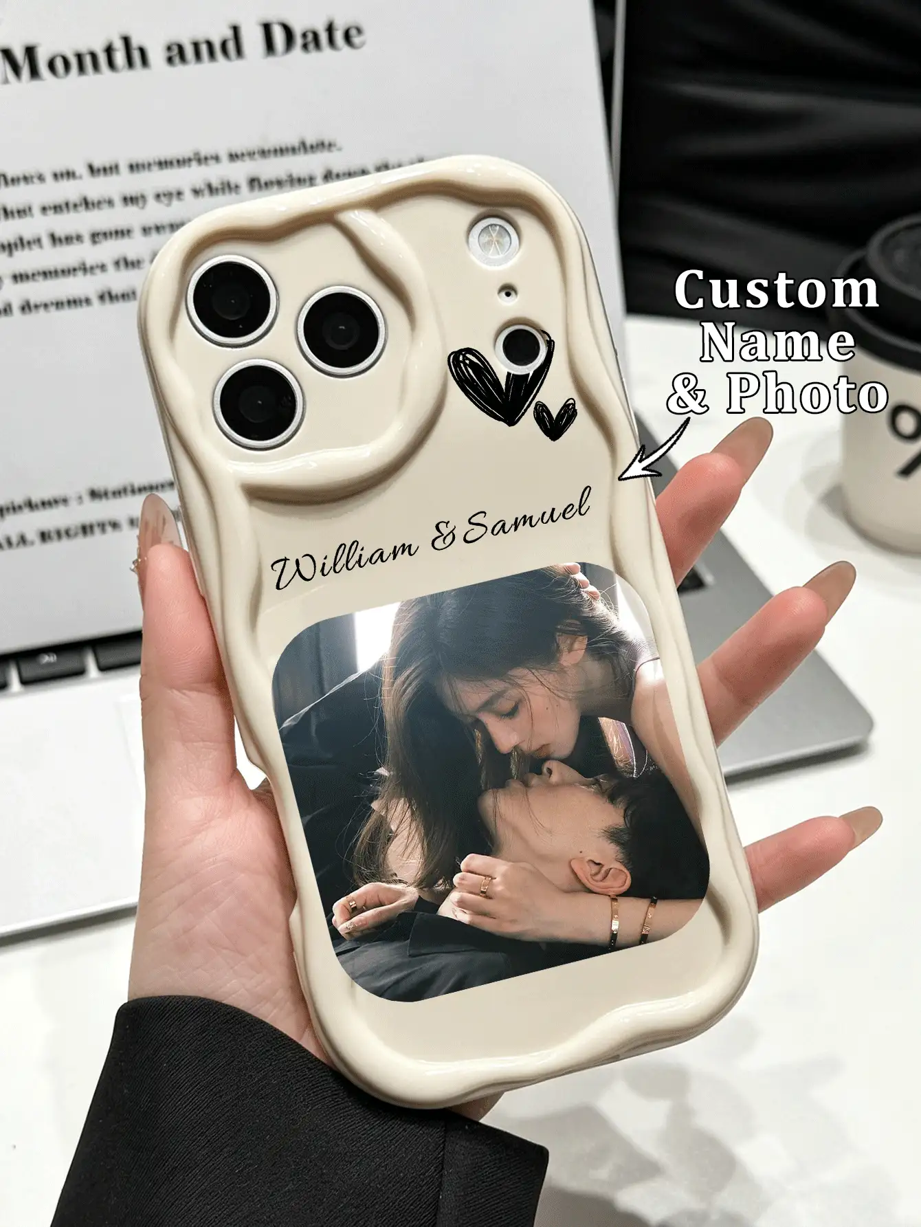1pc Customized Personalized Photo DIY Lovers Name Heart Element Pattern Fashion Cream Texture Full Coverage Anti-Drop Soft Phone Case, Compatible With Apple 17ProMax/16Pro/15Pro/14 Plus/13 Pro/12 Pro Max/11/XsMax/8/7/6Plus Phone Accessories - White - View 2