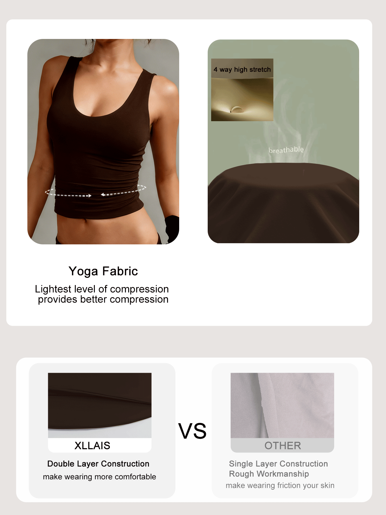 XLLAIS Women's Solid Color Casual Versatile Double Layer Yoga High Elastic Fabric Sexy U-Neck Sleeveless Black Tank Top, Summer Outfit For Women, Back To School, Fall - Dark Brown - View 3