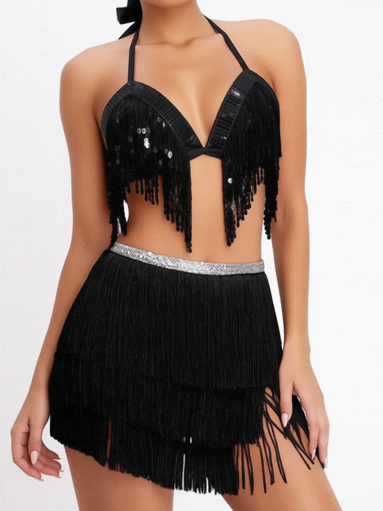 Sequin Draped Fringe Halter Top Rhinestone Waistband Multi‑Layer Fringe Slit Dance Hip Scarf Party Performance Outfit (Multiple Colors Available) - Multicolor - View 2