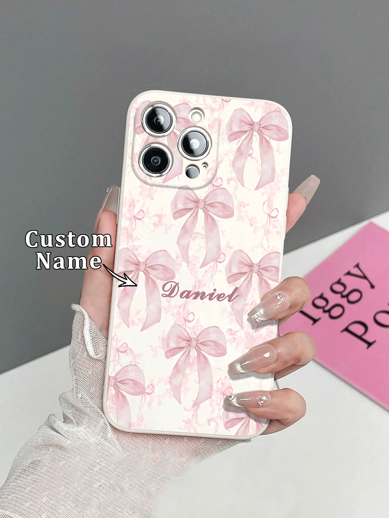 1pc Customized Name Soft Pink Bow & Floral Pattern Ultra-Thin TPU Anti-Slip Phone Case Compatible With Apple 17ProMax/16ProMax/15Pro/14 Plus/13 Pro/12 Pro Max/11/XsMax/8/7 Full Coverage Soft Shell, Elegant Luxury, Full Lens Anti-Drop Protective Cover - White - View 2