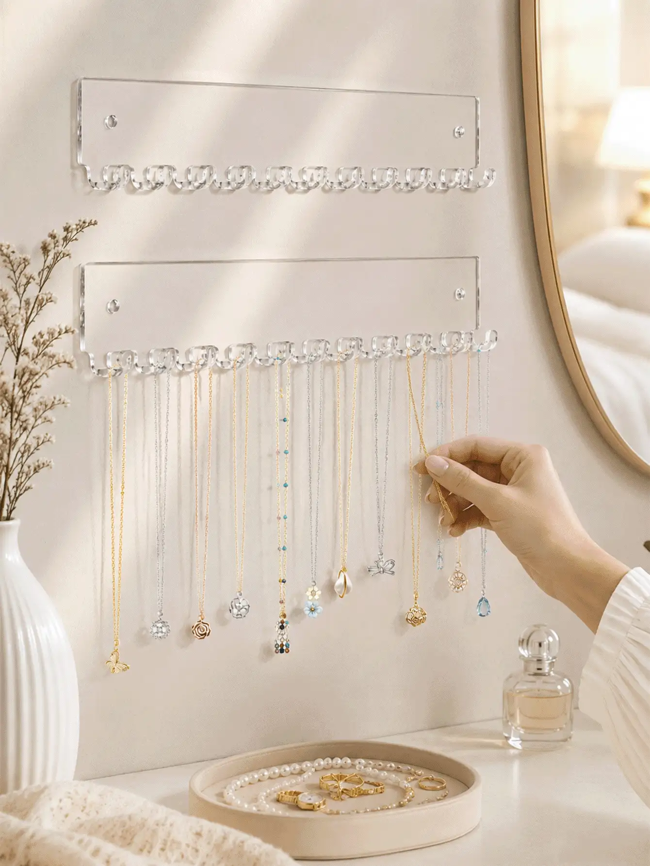 Wall-Mounted Acrylic Jewelry Organizer (1- Or 2 Pieces Set With 12 Hooks) - Suitable For Necklaces, Earrings, Rings, And Bracelets; Decorative And Space-Saving - View 2