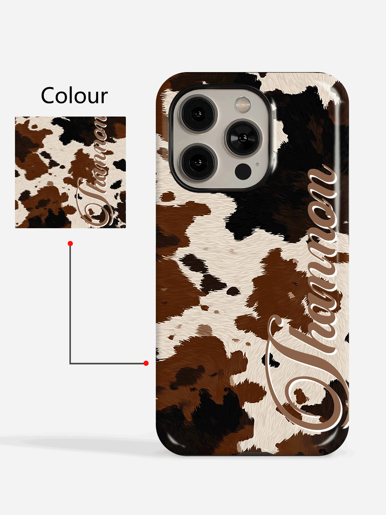 1pc Customized Minimalist Cow Print Name Letter Phone Case, 2-In-1 Glossy Film Full Coverage Hard Shell Protective Cover Compatible With IPhone 11/12/13/14/15/16/17 Pro Max - Multicolor - View 2