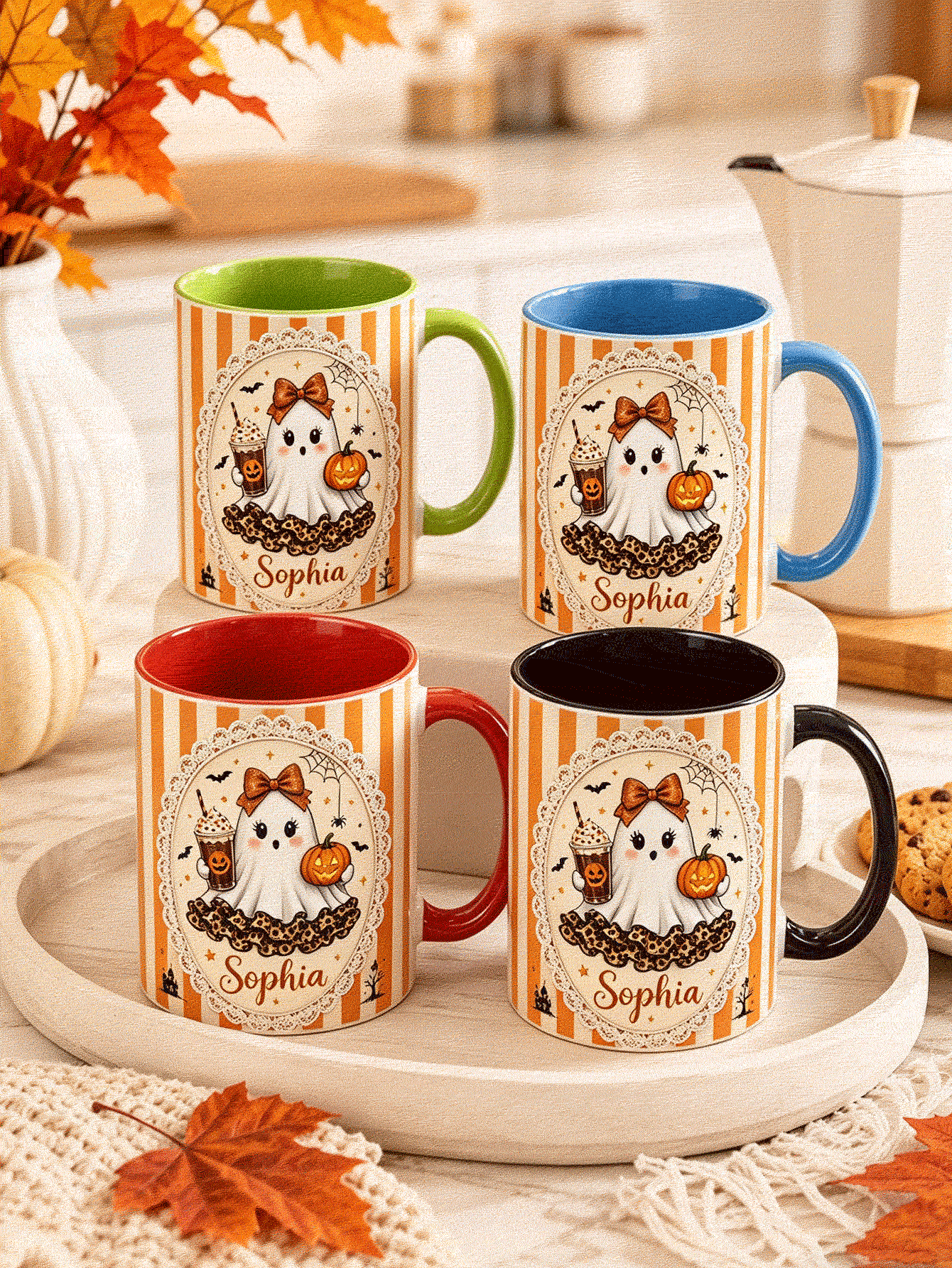 Personalized Halloween Ghost Mug, Customized Name Cute Ghost Coffee Cup, Pumpkin Spice Autumn Mug, Spooky Gift For Her - Multicolor - View 3