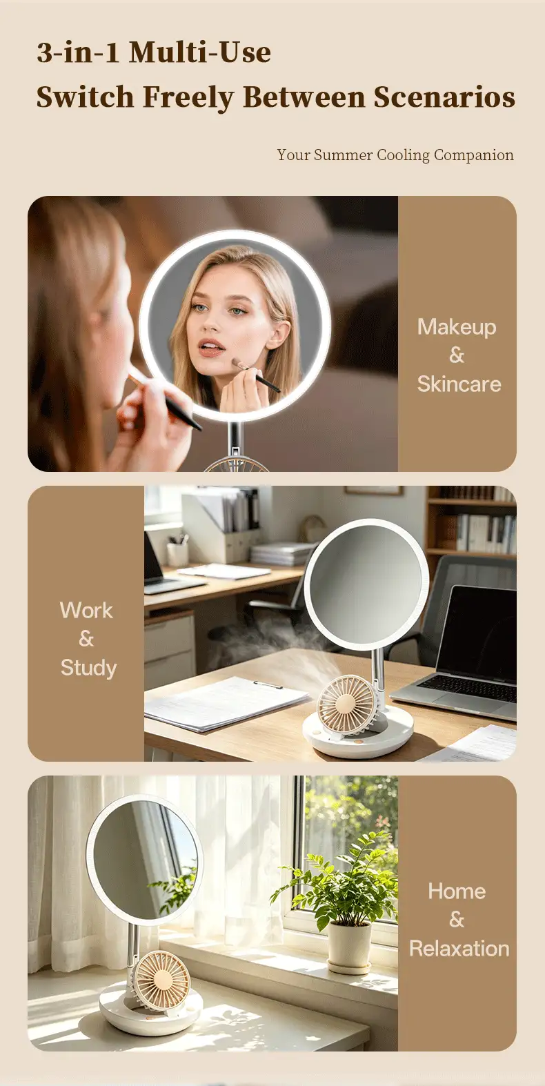 ENSSU Foldable Desktop Fan LED Makeup Mirror, Built-In Cooling Fan, 1800mAh Rechargeable 3-Color Adjustable Light Portable Vanity Mirror, Suitable For Home And Travel - Multicolor - View 6