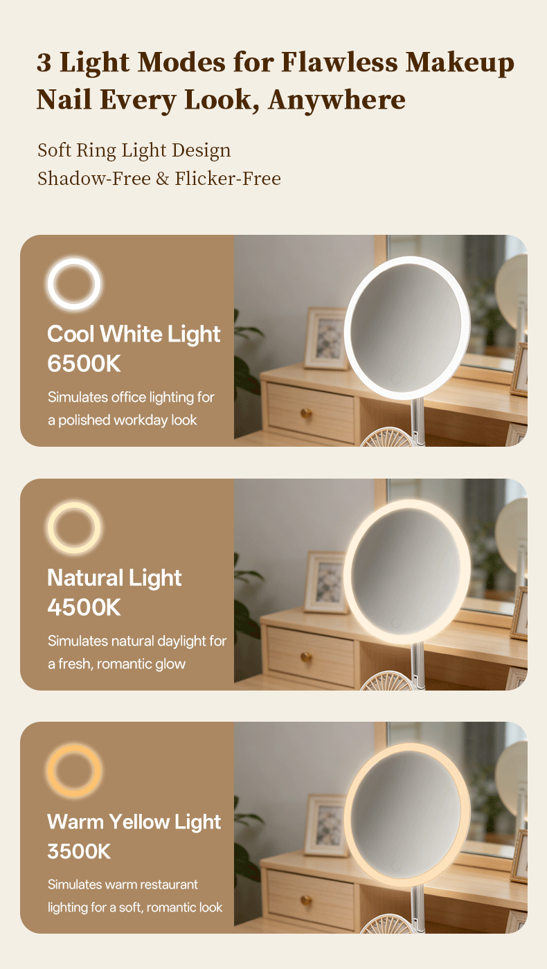 ENSSU 可折疊桌面風扇 LED 化妝鏡,內置冷卻風扇,1800mAh 可充電 3 色可調光便攜梳妝鏡,適合居家與旅行使用 - 彩色 - 查看 7