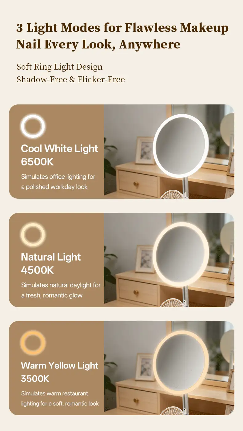 ENSSU Foldable Desktop Fan LED Makeup Mirror, Built-In Cooling Fan, 1800mAh Rechargeable 3-Color Adjustable Light Portable Vanity Mirror, Suitable For Home And Travel - Multicolor - View 7