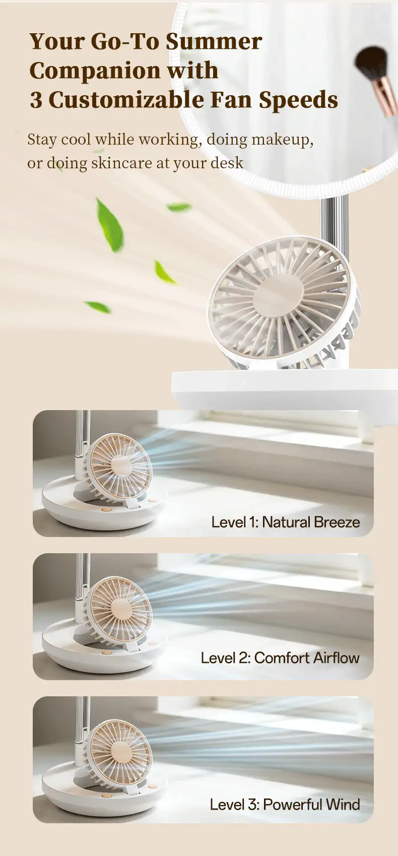 ENSSU Foldable Desktop Fan LED Makeup Mirror, Built-In Cooling Fan, 1800mAh Rechargeable 3-Color Adjustable Light Portable Vanity Mirror, Suitable For Home And Travel - Multicolor - View 8
