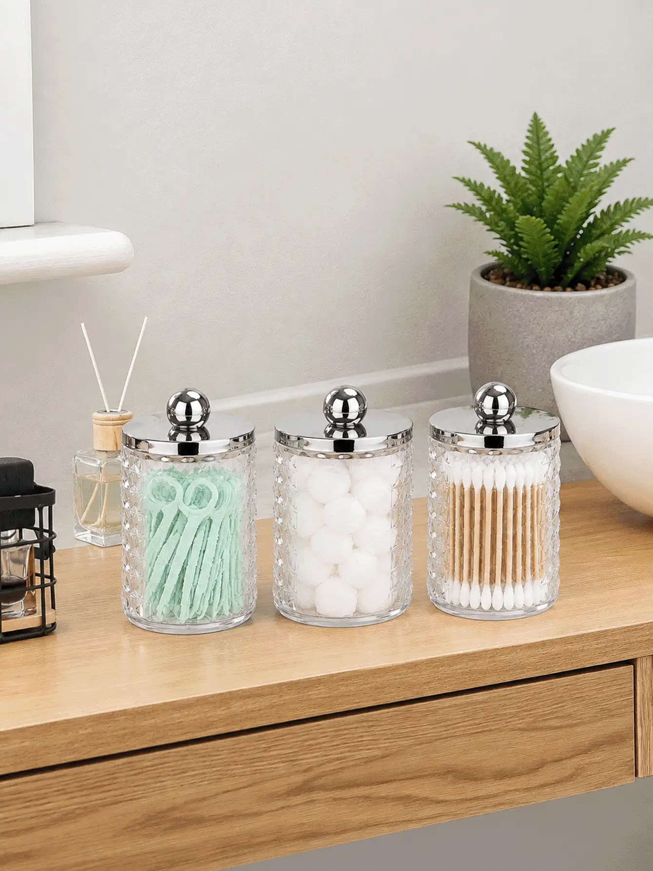 1/2/3/4 Paket Stoples Penyimpanan Kamar Mandi Bening dengan Tutup, Tempat Cotton Bud Motif Berlian, Dispenser Cotton Bud untuk Bola Kapas, Tusuk Gigi, dan Bantalan Rias - View 2