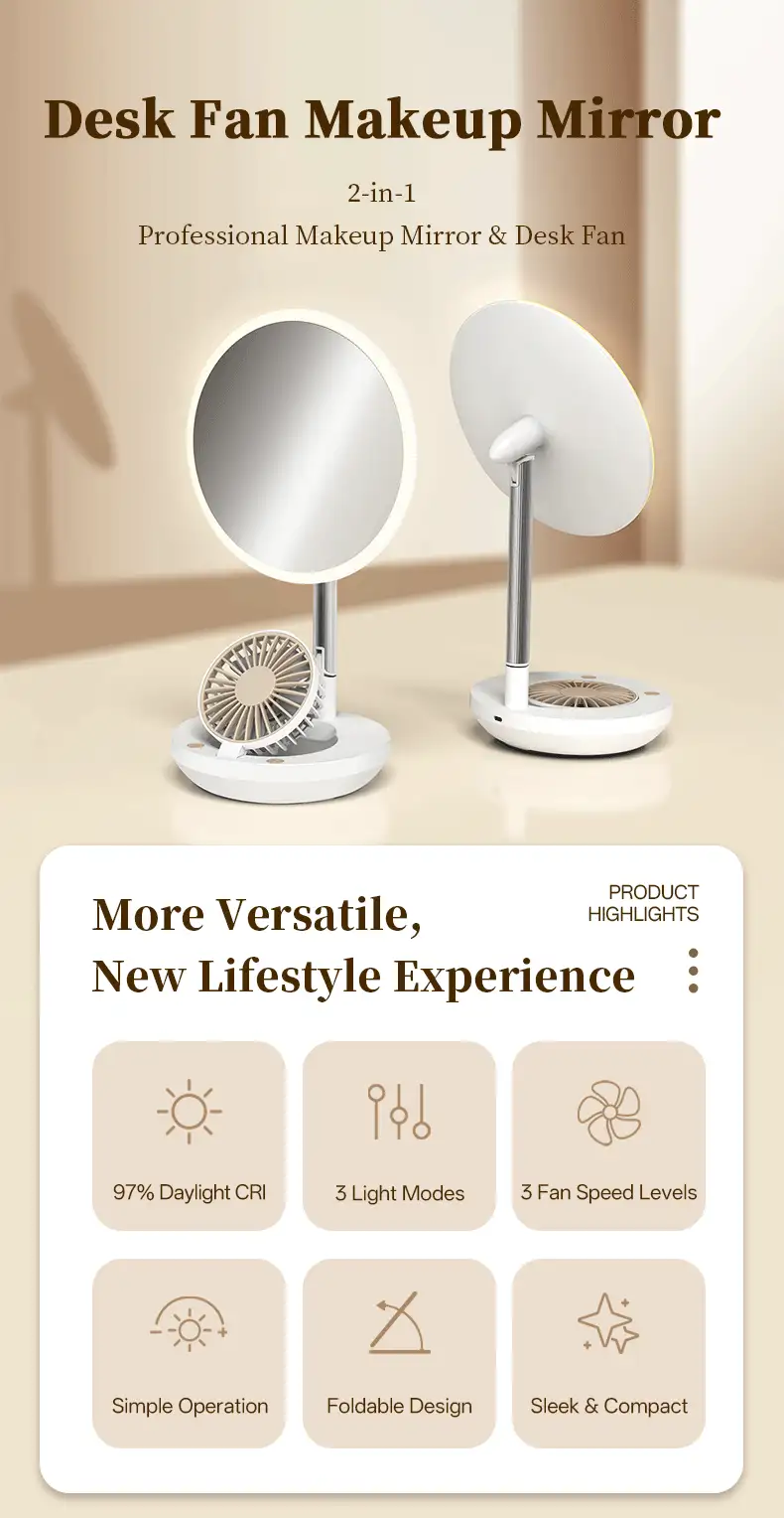 ENSSU Foldable Desktop Fan LED Makeup Mirror, Built-In Cooling Fan, 1800mAh Rechargeable 3-Color Adjustable Light Portable Vanity Mirror, Suitable For Home And Travel - Multicolor - View 11