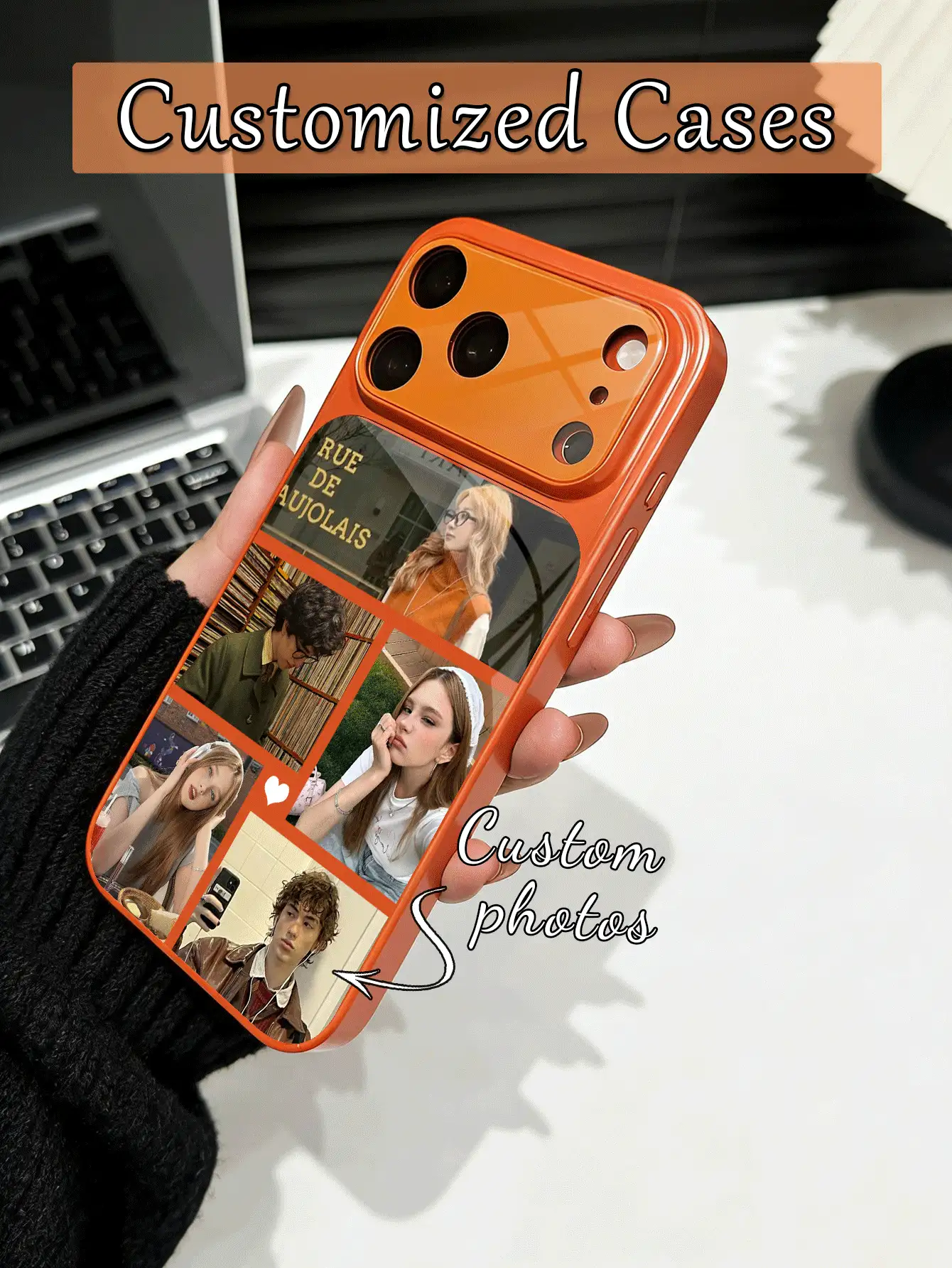 1pc Customized 5-Photo Family/Couple Orange Luxury Fashion Large Window Tempered Glass Phone Case With Lens Protection, Matte Anti-Drop Full Coverage Premium Protective Cover For IPhone 17/17Pro/17ProMax/17Air/16/16Pro/16ProMax/16Plus/15/15Plus/15Pro/15ProMax/14/14Plus/14Pro/14ProMax/13/13Pro/13ProMax/12/11 - Orange - View 2
