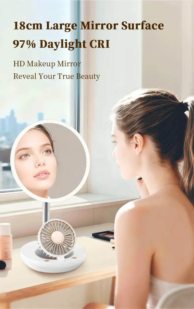 ENSSU Foldable Desktop Fan LED Makeup Mirror, Built-In Cooling Fan, 1800mAh Rechargeable 3-Color Adjustable Light Portable Vanity Mirror, Suitable For Home And Travel - Multicolor - View 3