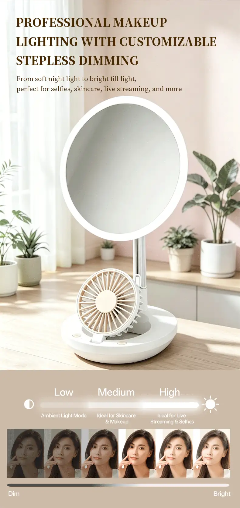 ENSSU Foldable Desktop Fan LED Makeup Mirror, Built-In Cooling Fan, 1800mAh Rechargeable 3-Color Adjustable Light Portable Vanity Mirror, Suitable For Home And Travel - Multicolor - View 5