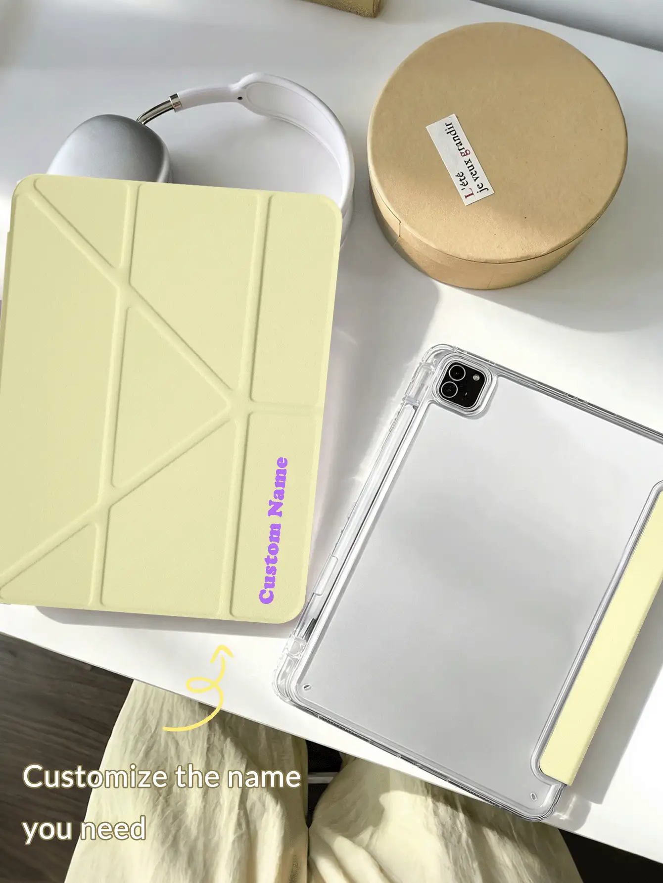 1pc Transparent Acrylic Y-Fold Milk Yellow Tablet Case With Custom Text/Personalized Text, Compatible With IPad Mini6/7/Air/Air2/9.7/10.2/10.5/10.9 (Air4-Air8)/Pro 11/10th Gen/A16 Model, Fully Transparent Acrylic Back Shell, Silk Texture 8-Fold Cover, Adjustable Stand, Auto Sleep/Wake, Built-In Pencil Slot, Pencil Not Included, Some Models With Camera Frame - Cream Yellow - View 2