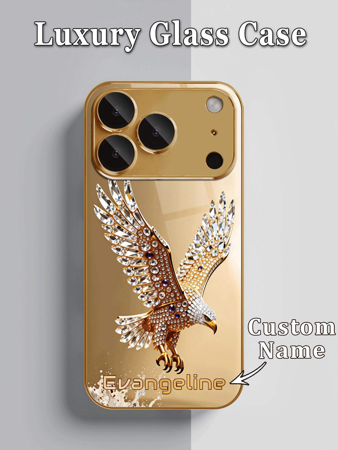1pc Customized Name Printed Gold Foil Background Rhinestone Studded Eagle Wings Pattern High Definition Electroplated Gold Glass Phone Case Compatible With Apple 17ProMax/16 Pro Max/15/14 Plus/13 Pro/12 Pro Max/11/XsMax/8/7/6Plus Phone Accessories - Gold - View 2