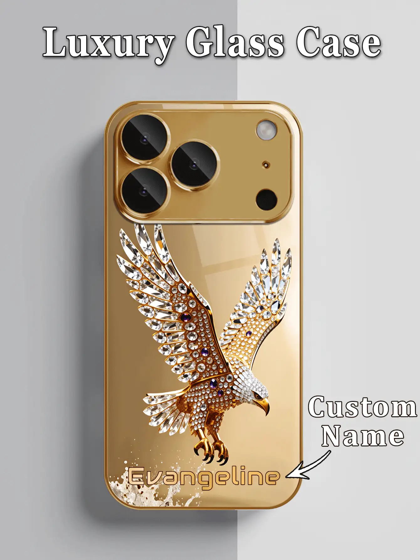 1pc Customized Name Printed Gold Foil Background Rhinestone Studded Eagle Wings Pattern High Definition Electroplated Gold Glass Phone Case Compatible With Apple Duo/18ProMax/17ProMax/16Pro/15/14Plus/13Pro/12ProMax/11/XsMax/8/7/6Plus Phone Accessories - Gold - View 2