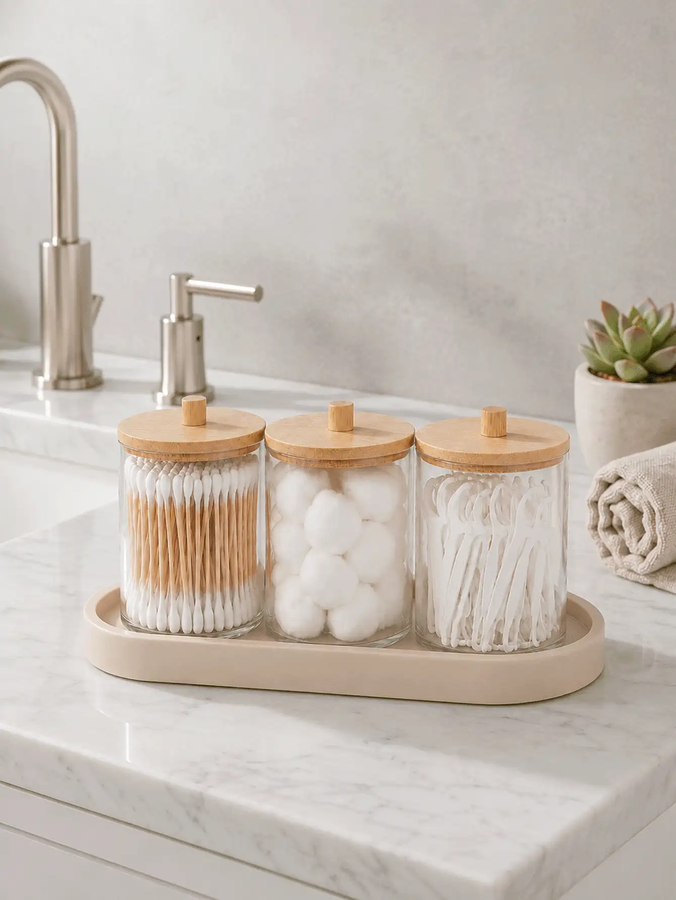 Cotton Swab Holder Set – Bathroom Organizer, Round Cotton Swab Holder With Tray, Apothecary Jar Container Set With Lids - View 2