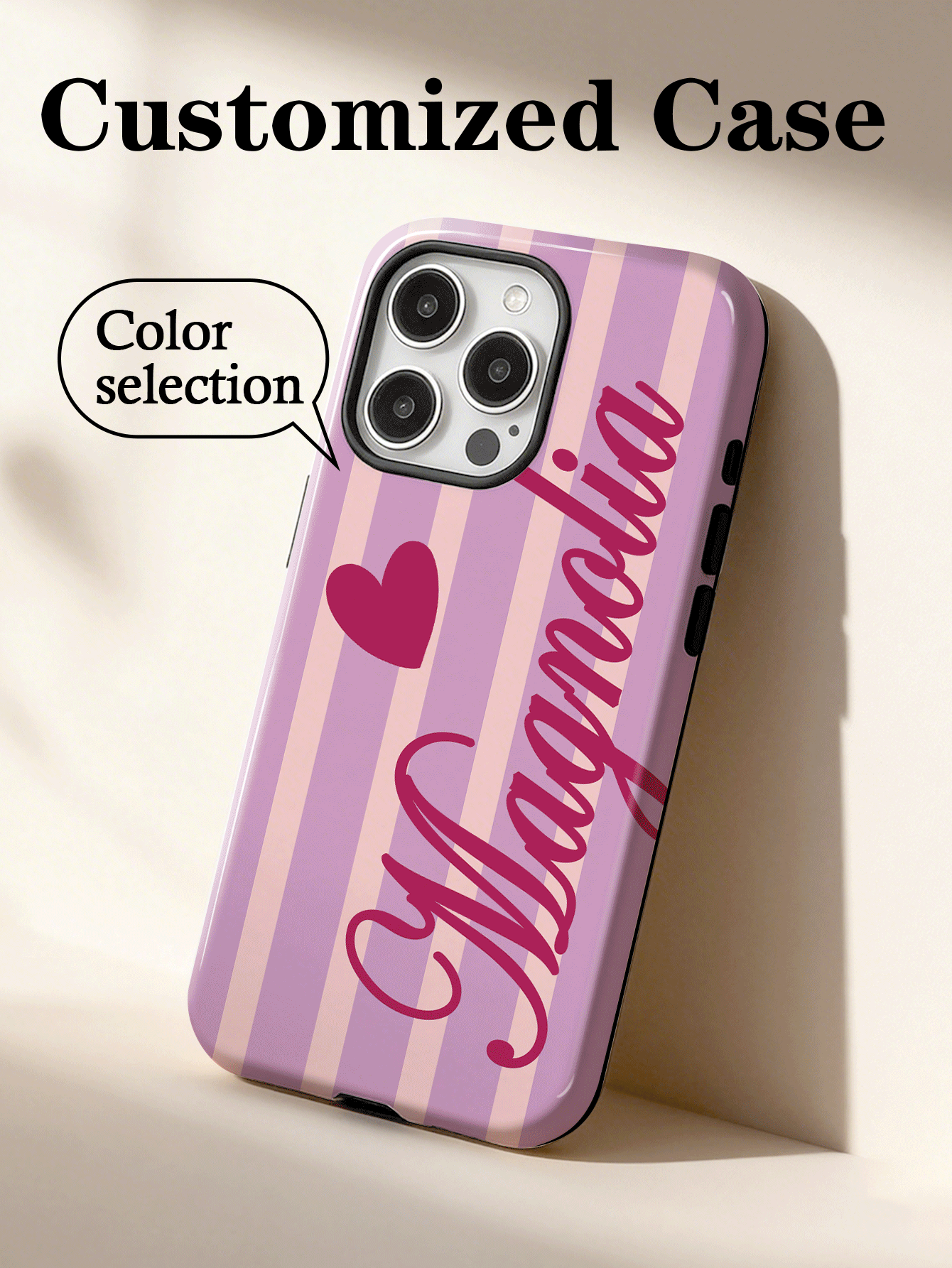 1pc Minimalist Cream Style Ins Retro Y2K Sweet Cool Girl Heart-Shaped Signature Customized Color-Block Pattern Name Personalized Phrase Custom Couple Daily Commute Holiday Anniversary Exclusive Gift Phone Case 2-In-1 Glossy Hard Shell Full Coverage Protective Case Compatible With IPhone 11/12/13/14/15/16/17 Pro Max - Multicolor - View 2