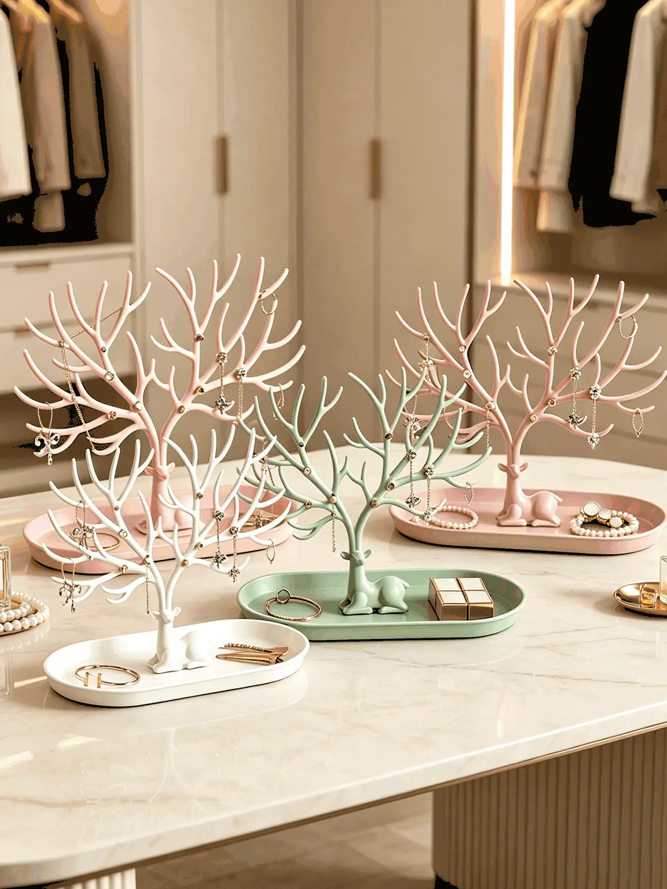 1pc Deer‑Antler Shaped Jewelry Stand, Branch‑Designed Hooks With Base Perfume Tray, Multi‑Purpose Holder For Earrings Necklaces Rings Keys, Jewelry Box Display Piece, Room Decor For Vanity Countertop, Bedroom And Holiday Gift Occasions - Multicolor - View 3