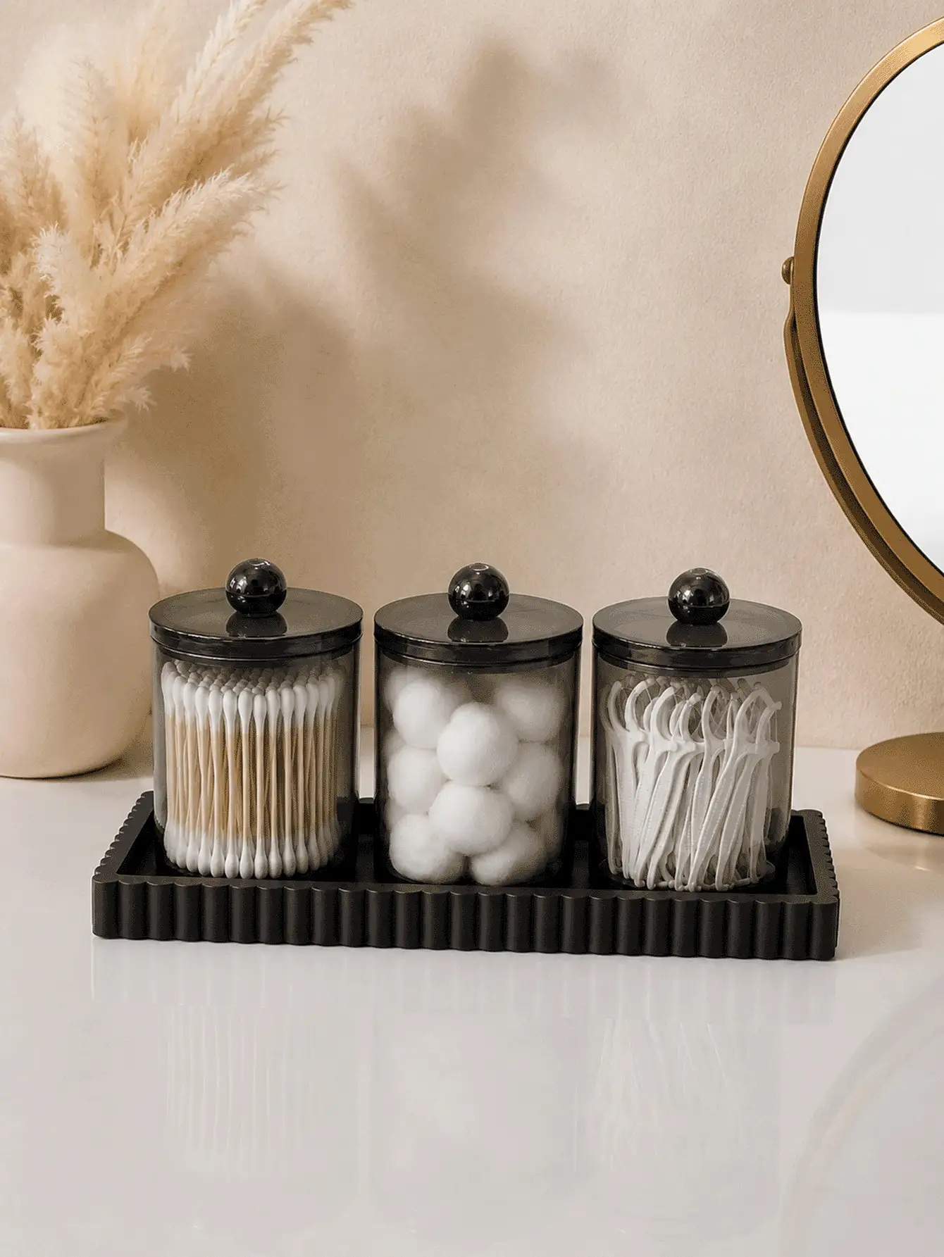 1/3/4-Piece Cotton Swab Storage Set – Plastic Canister With Lid (Suitable For Cotton Balls, Cotton Pads, And Swabs), Bamboo Bathroom Accessory, Bathroom Storage Jar With Lid - Multicolor - View 2
