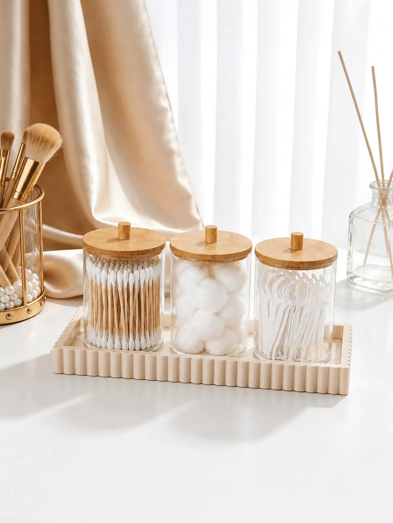 1/3/4pcs Cotton Swab Storage Set With Lid Plastic Storage Canister (Suitable For Cotton Balls, Cotton Pads And Cotton Swabs) Bamboo Bathroom Accessories With Lid Bathroom Storage Canister - Multicolor - View 2