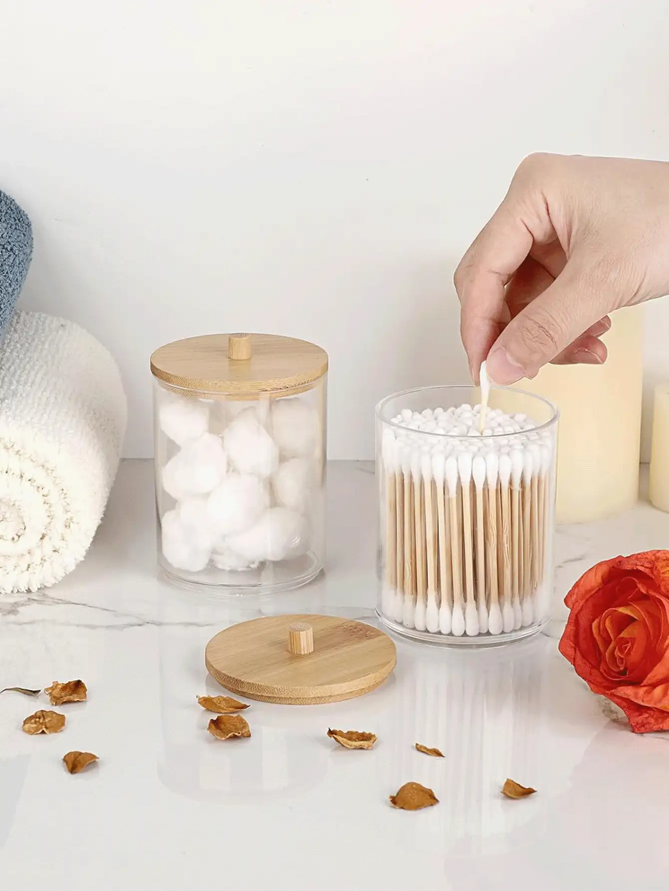 Qtip Holder Dispenser - 10 Oz Clear Plastic Canister Apothecary Jar, Bathroom Vanity Storage Organizer Set For Cotton Swabs, Pads, Floss Picks, Small Containers For Makeup Storage (4 Packs, Black) - View 2